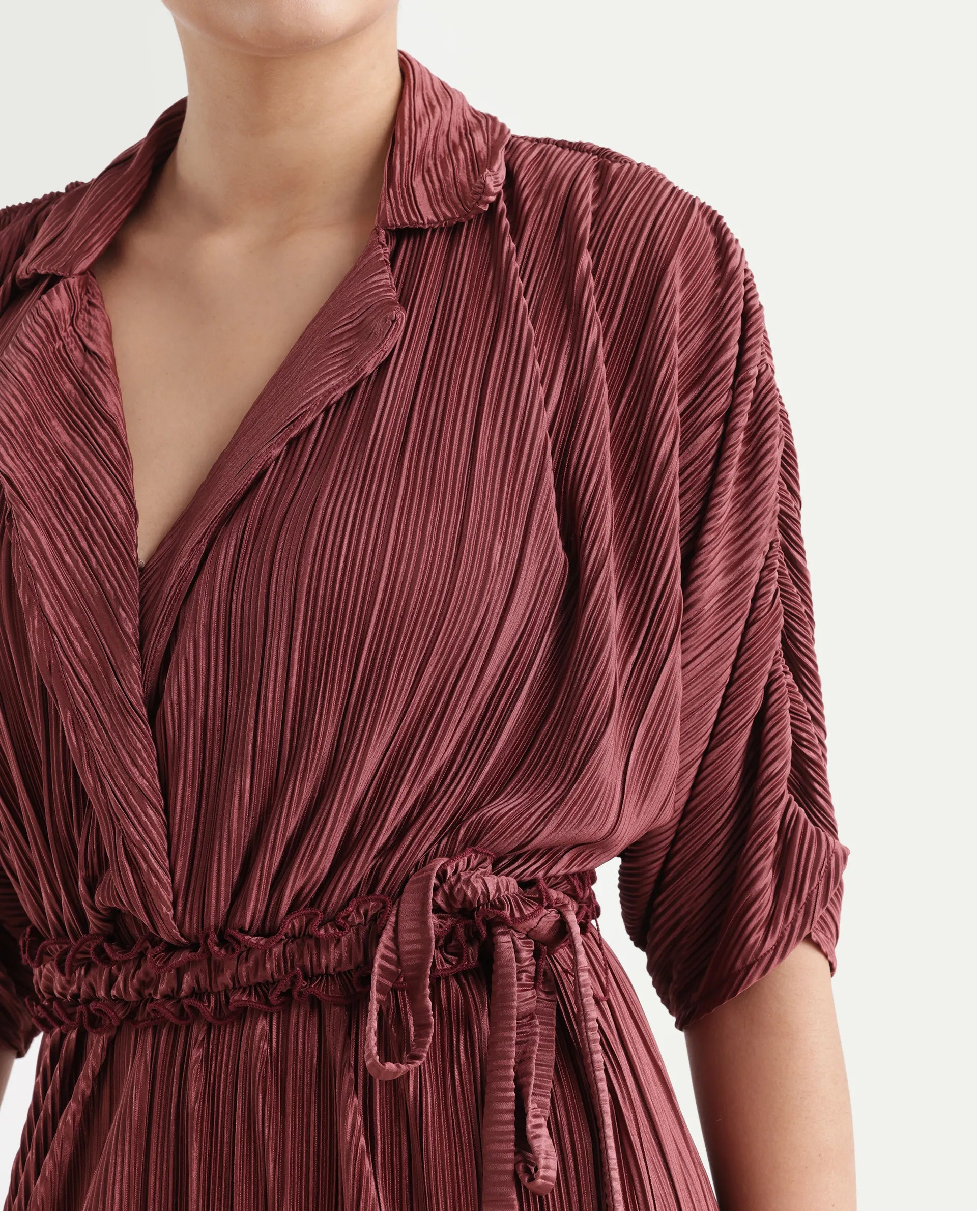 Rareism Women's Rio Brown Lapel Neck Plain Extended Sleeves Maxi Fit And Flare Jumpsuit