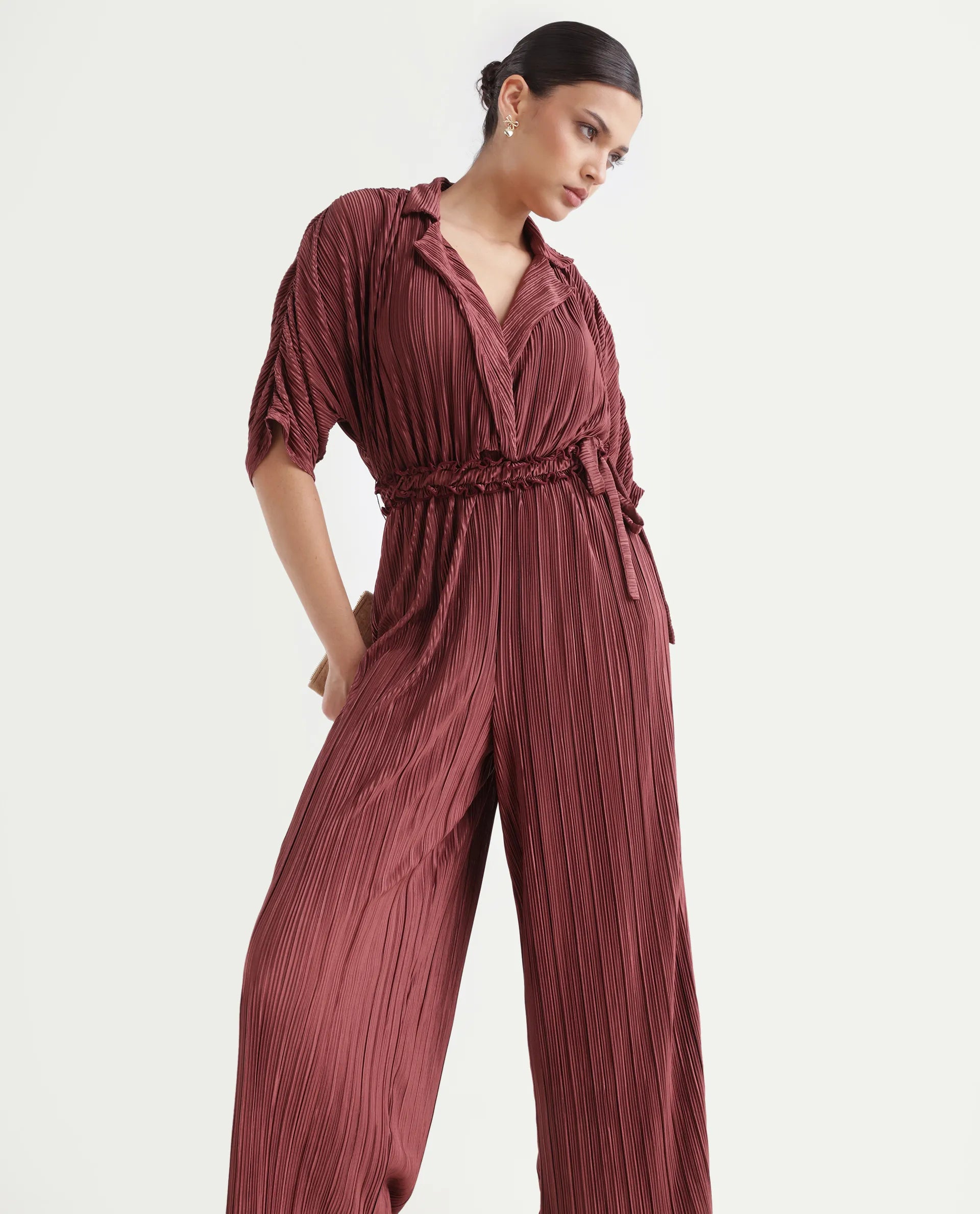 Rareism Women's Rio Brown Lapel Neck Plain Extended Sleeves Maxi Fit And Flare Jumpsuit