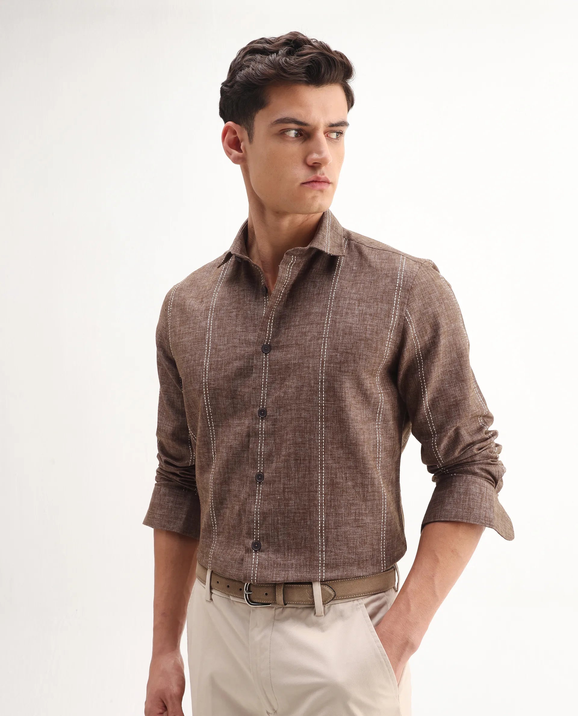 Rare Rabbit Men's Riog Brown Poly Blend Striped Print Regular Fit Full Sleeve Collared Shirt