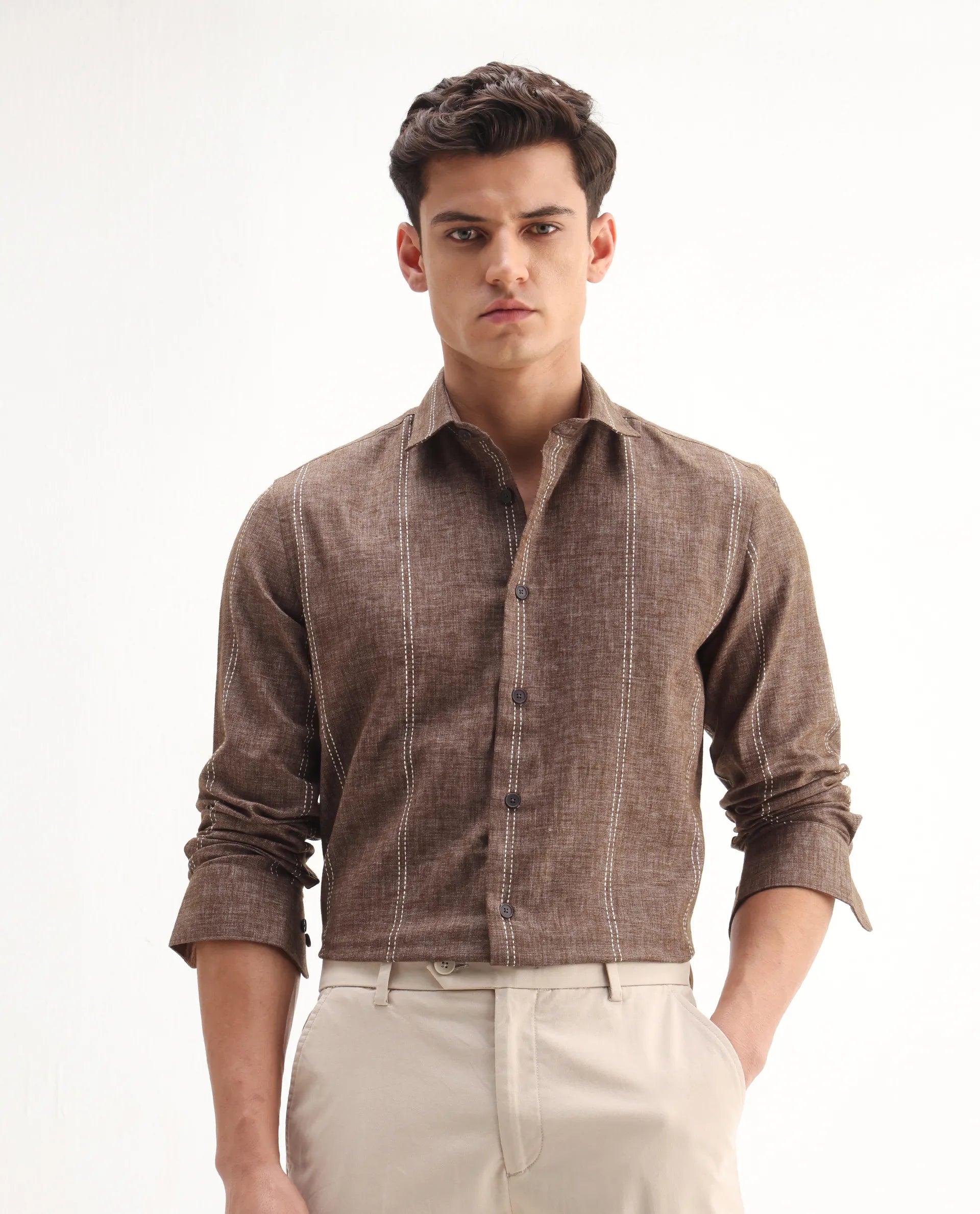 Rare Rabbit Men's Riog Brown Poly Blend Striped Print Regular Fit Full Sleeve Collared Shirt