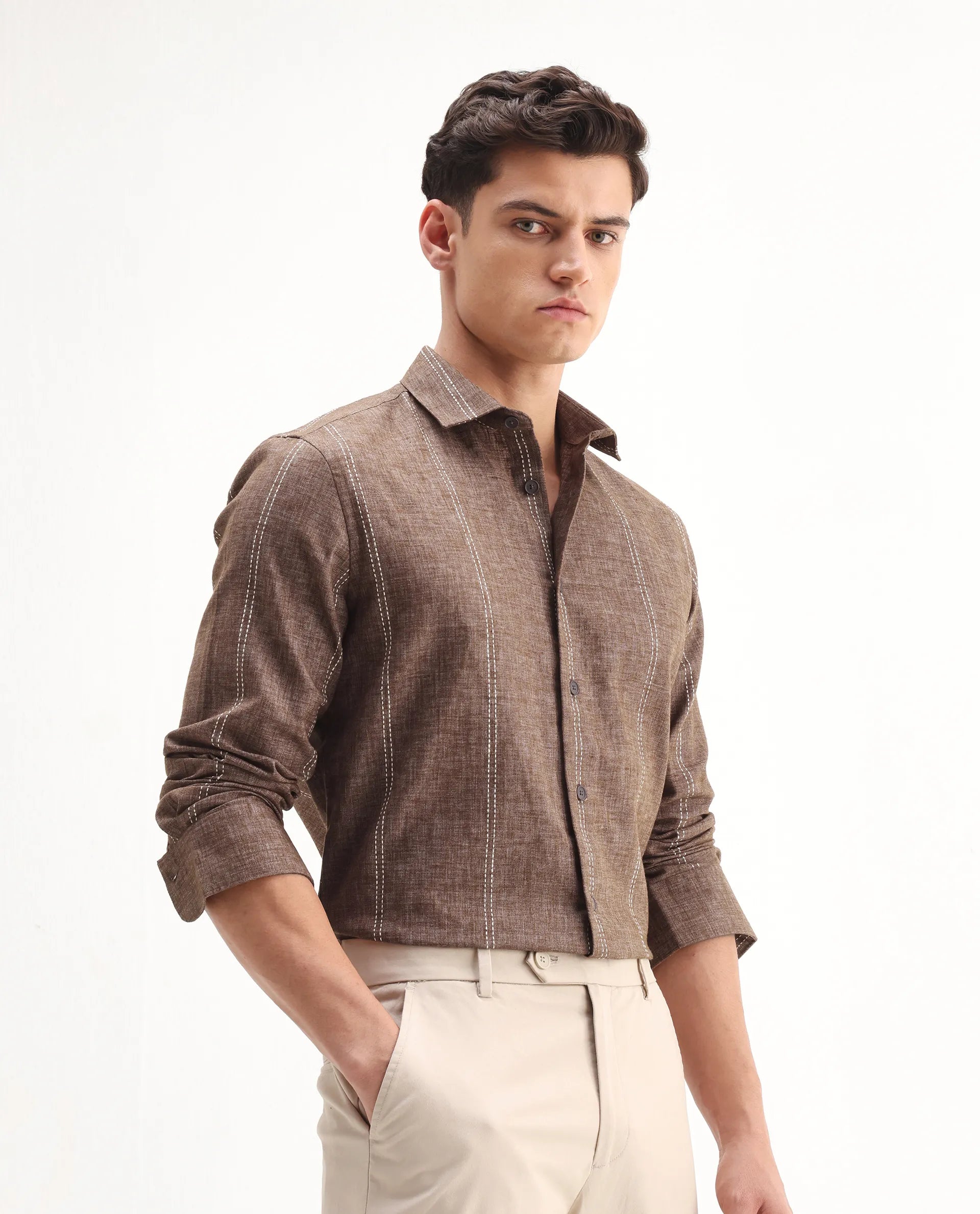 Rare Rabbit Men's Riog Brown Poly Blend Striped Print Regular Fit Full Sleeve Collared Shirt