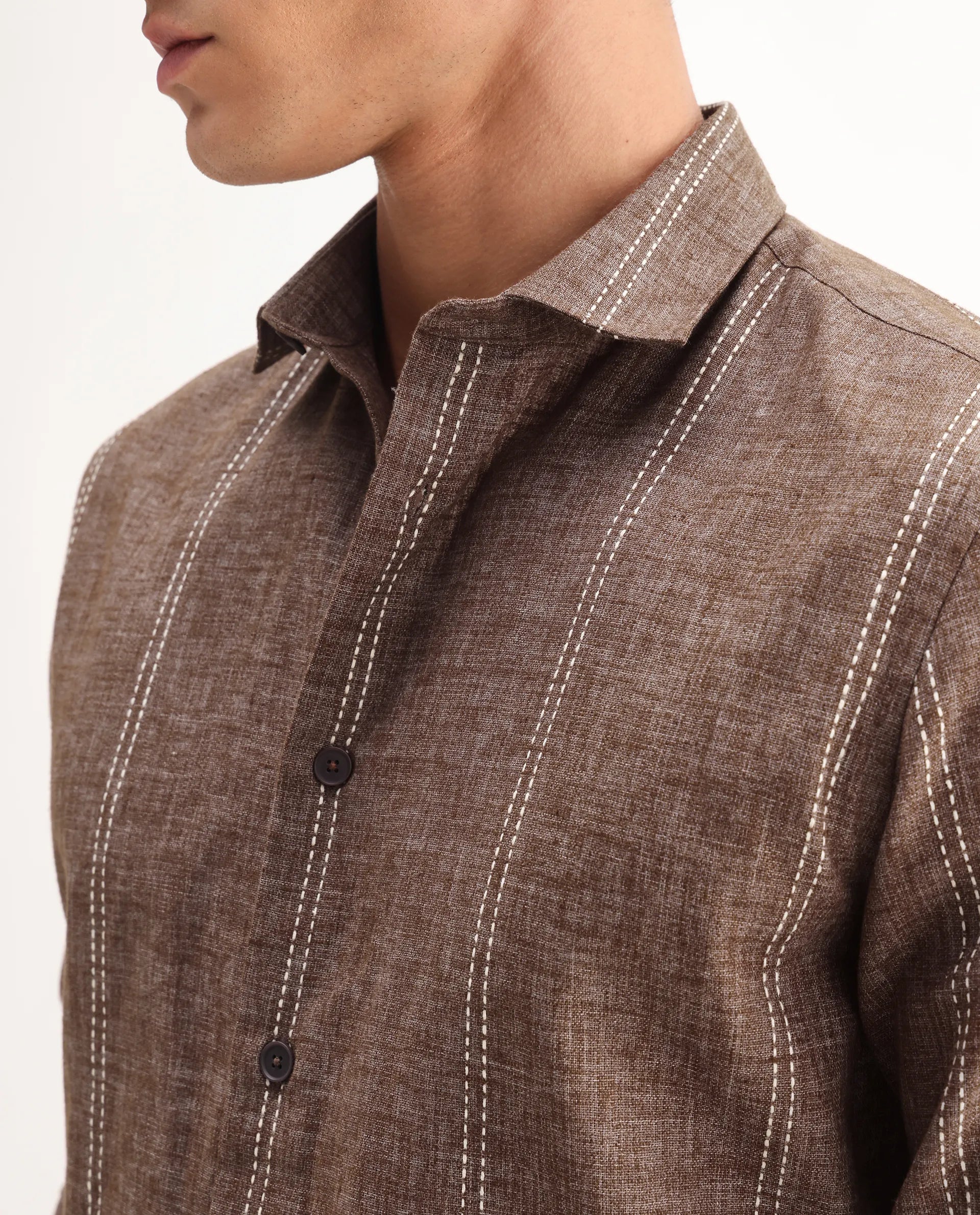 Rare Rabbit Men's Riog Brown Poly Blend Striped Print Regular Fit Full Sleeve Collared Shirt