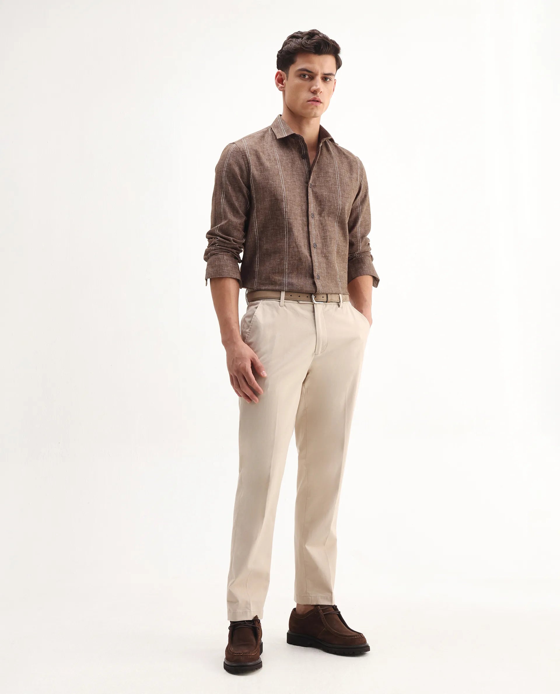 Rare Rabbit Men's Riog Brown Poly Blend Striped Print Regular Fit Full Sleeve Collared Shirt