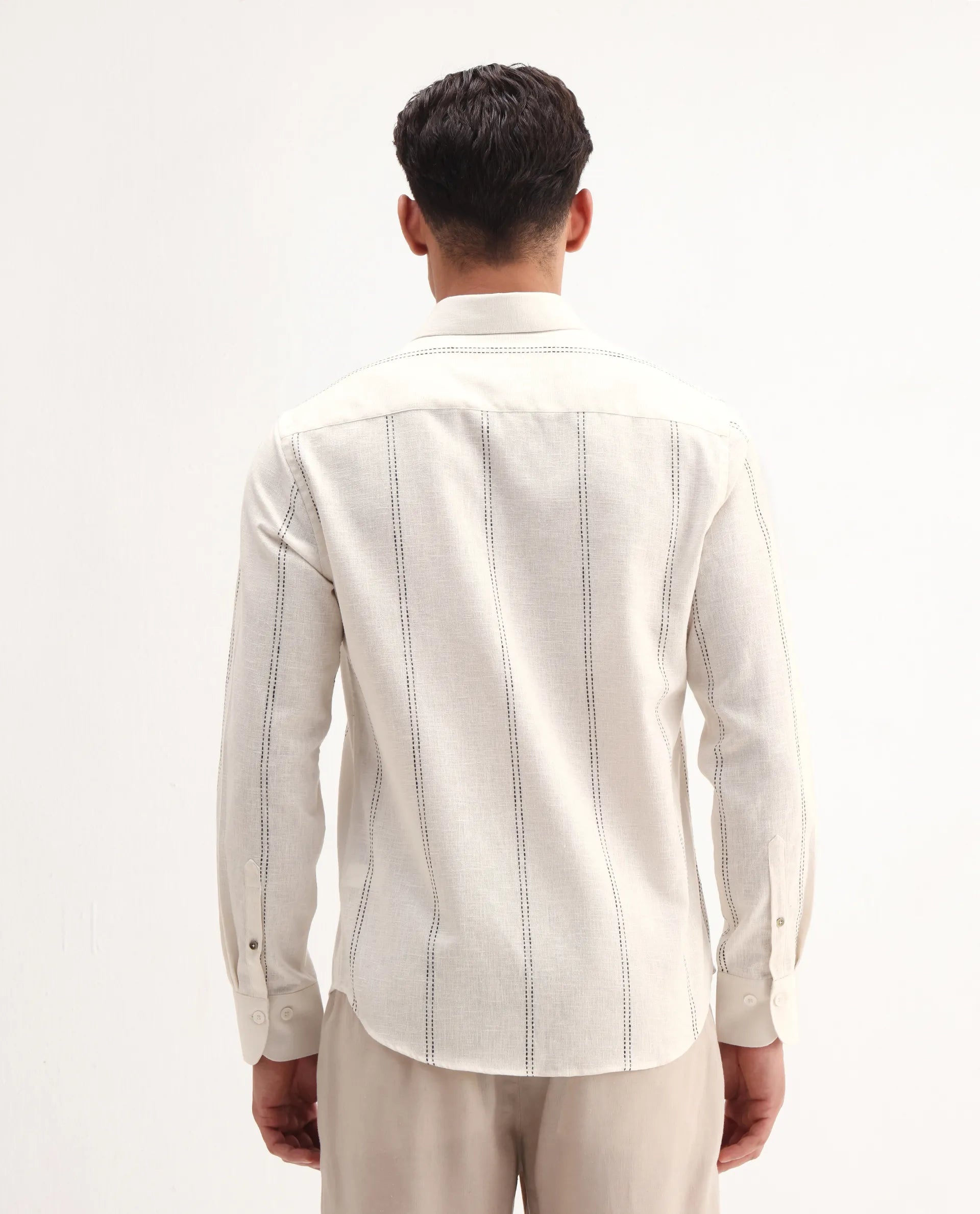 Rare Rabbit Men's Riog White Poly Blend Striped Print Regular Fit Full Sleeve Collared Shirt