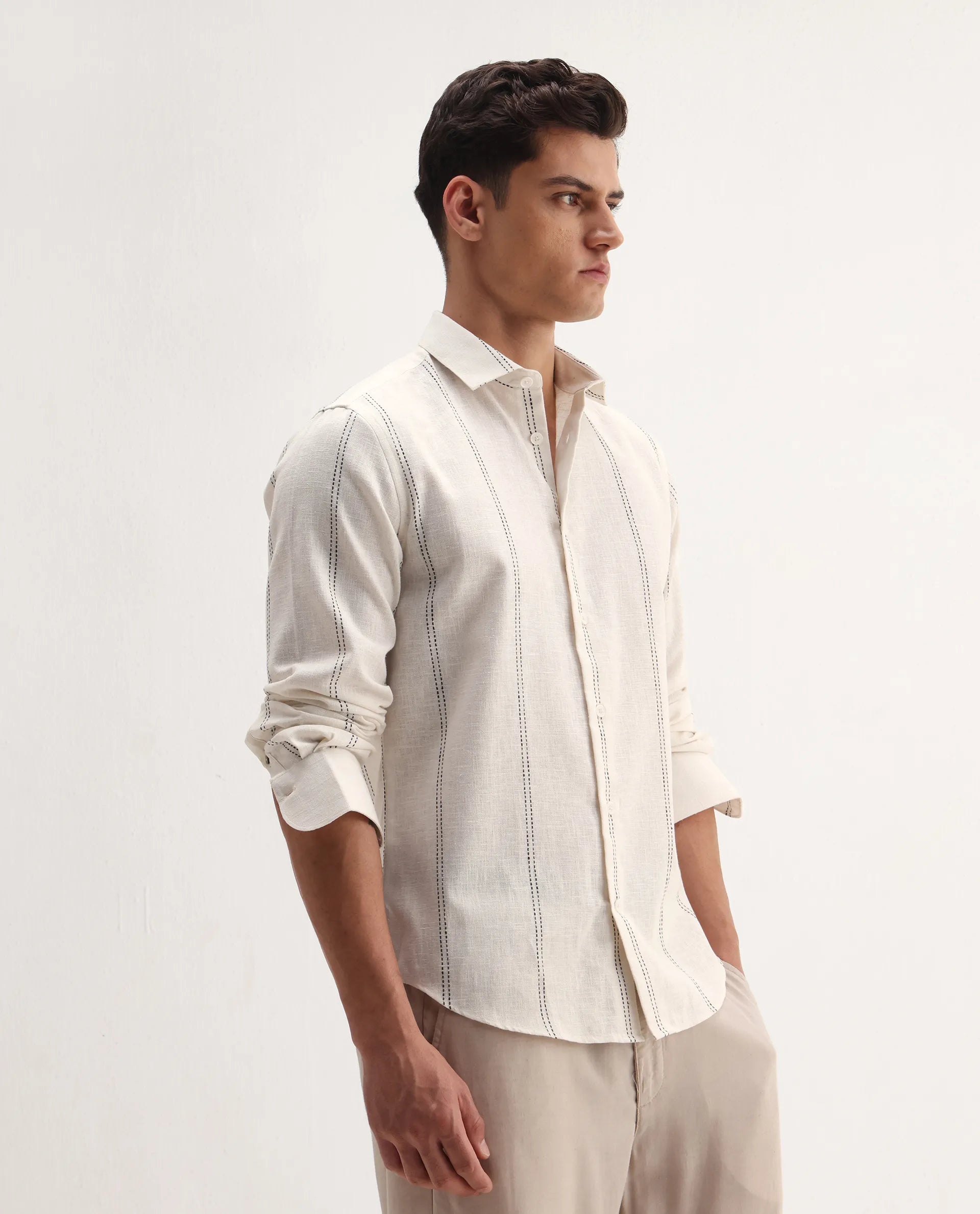 Rare Rabbit Men's Riog White Poly Blend Striped Print Regular Fit Full Sleeve Collared Shirt