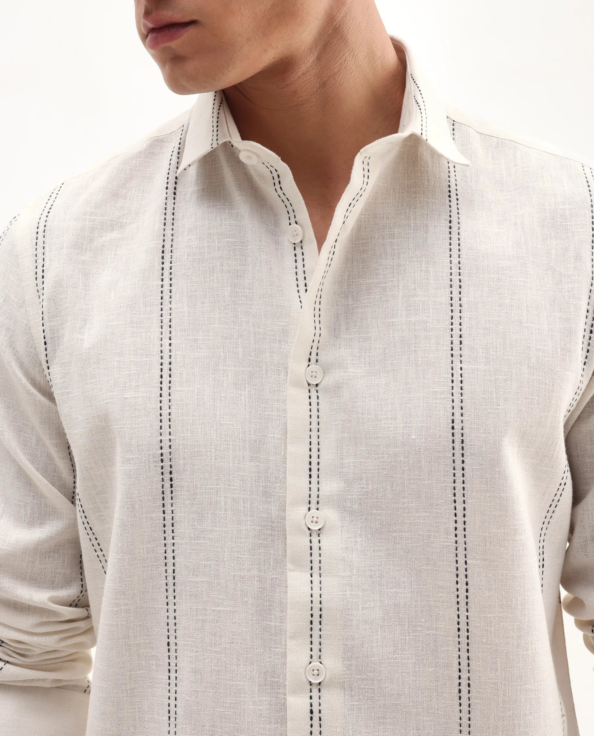 Rare Rabbit Men's Riog White Poly Blend Striped Print Regular Fit Full Sleeve Collared Shirt