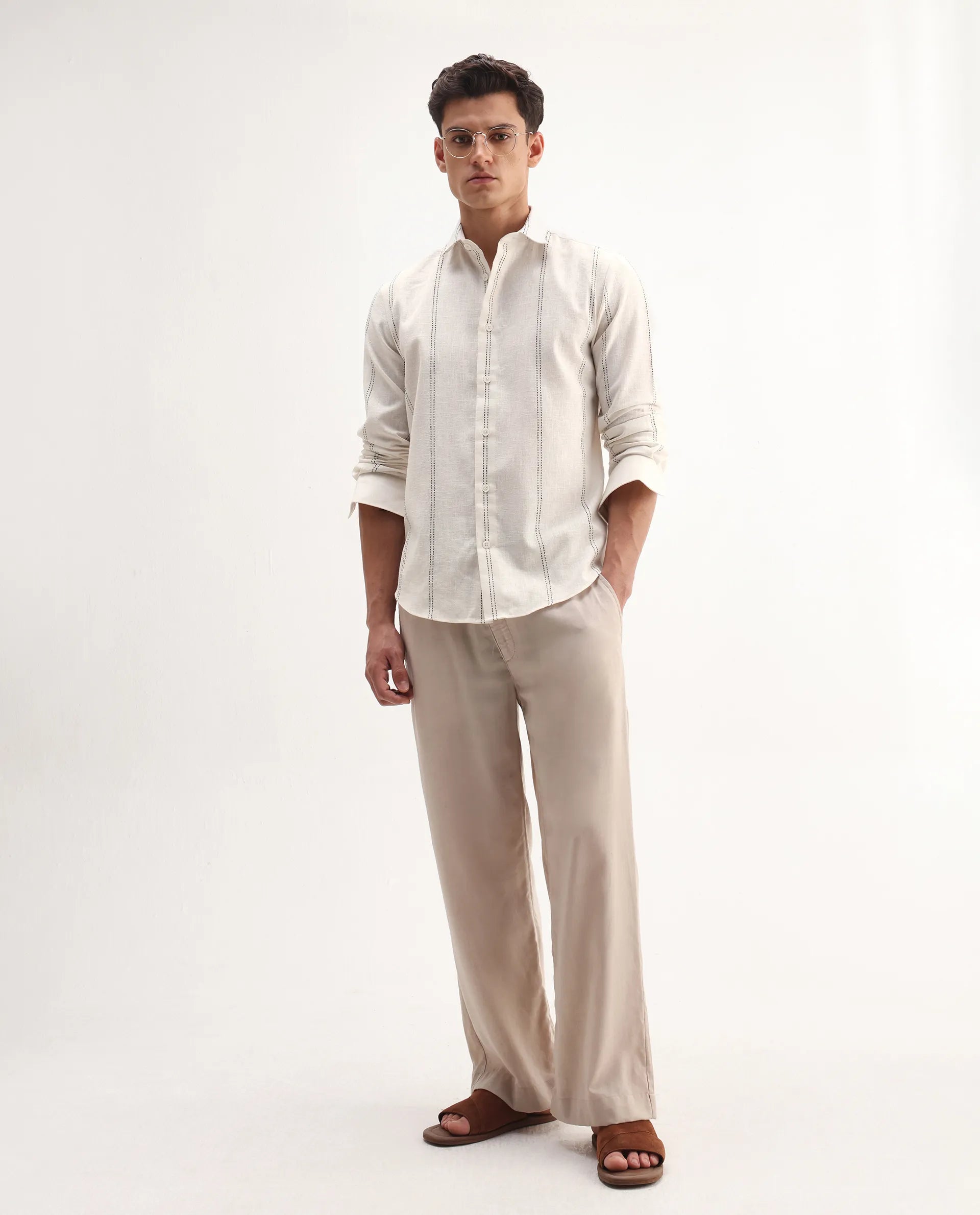 Rare Rabbit Men's Riog White Poly Blend Striped Print Regular Fit Full Sleeve Collared Shirt