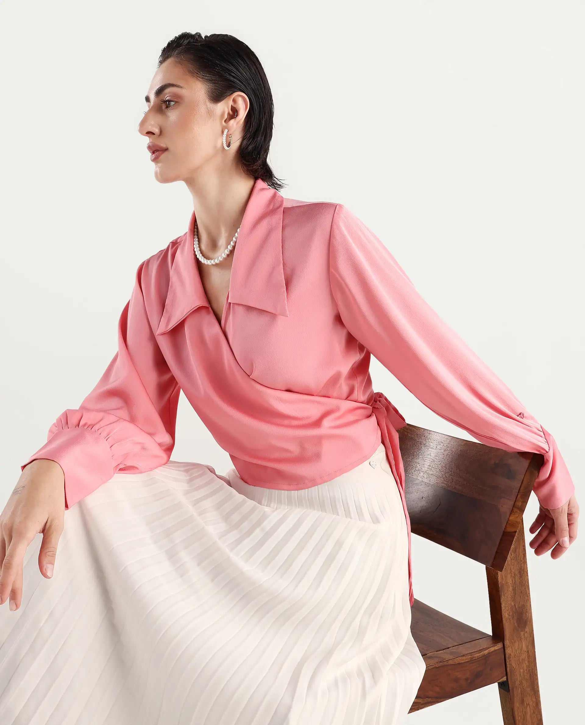 Rareism Women's Riola Pastel Pink Polyester Johnny Collar Plain Cuffed Sleeve Crop Regular Fit Top