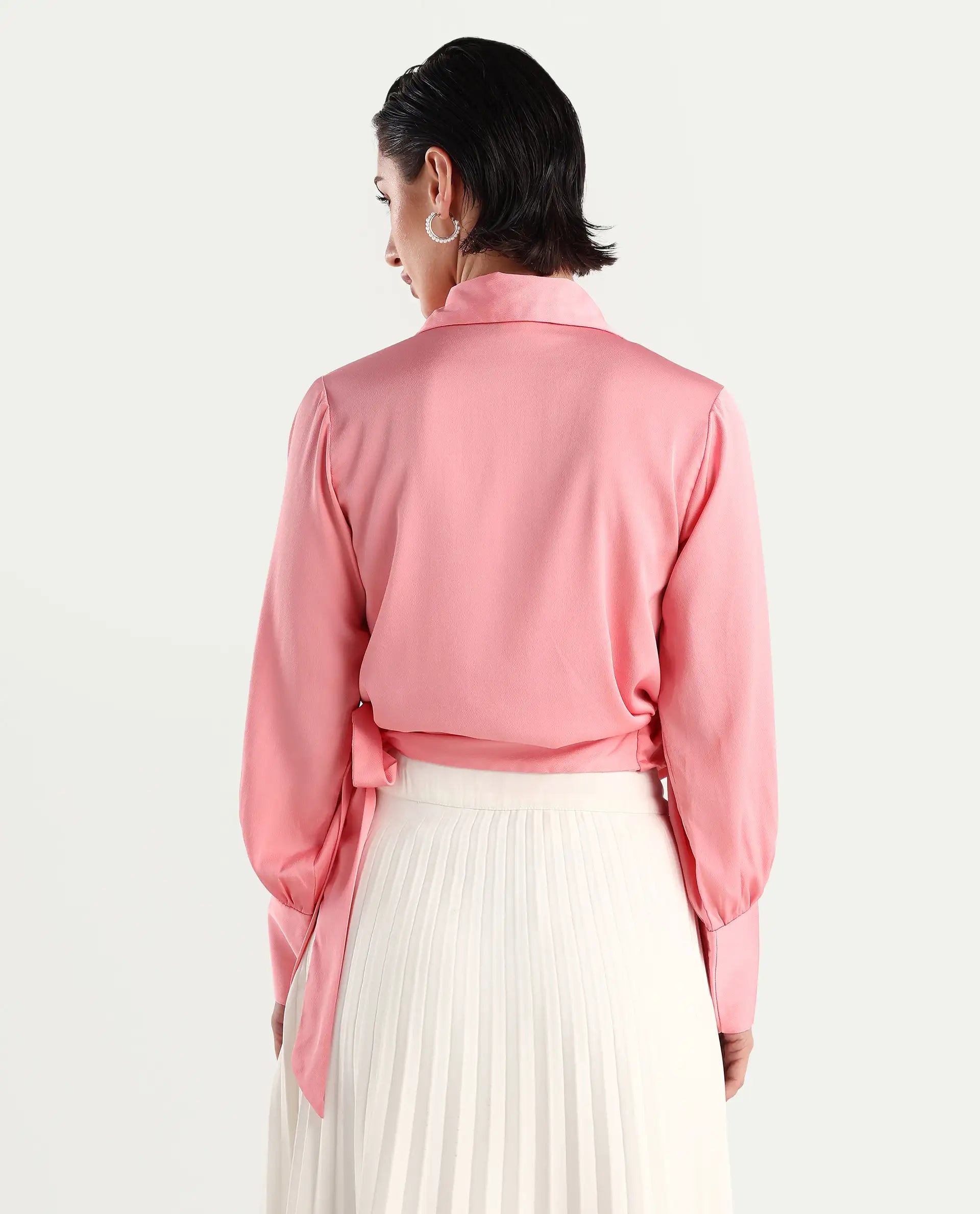 Rareism Women's Riola Pastel Pink Polyester Johnny Collar Plain Cuffed Sleeve Crop Regular Fit Top