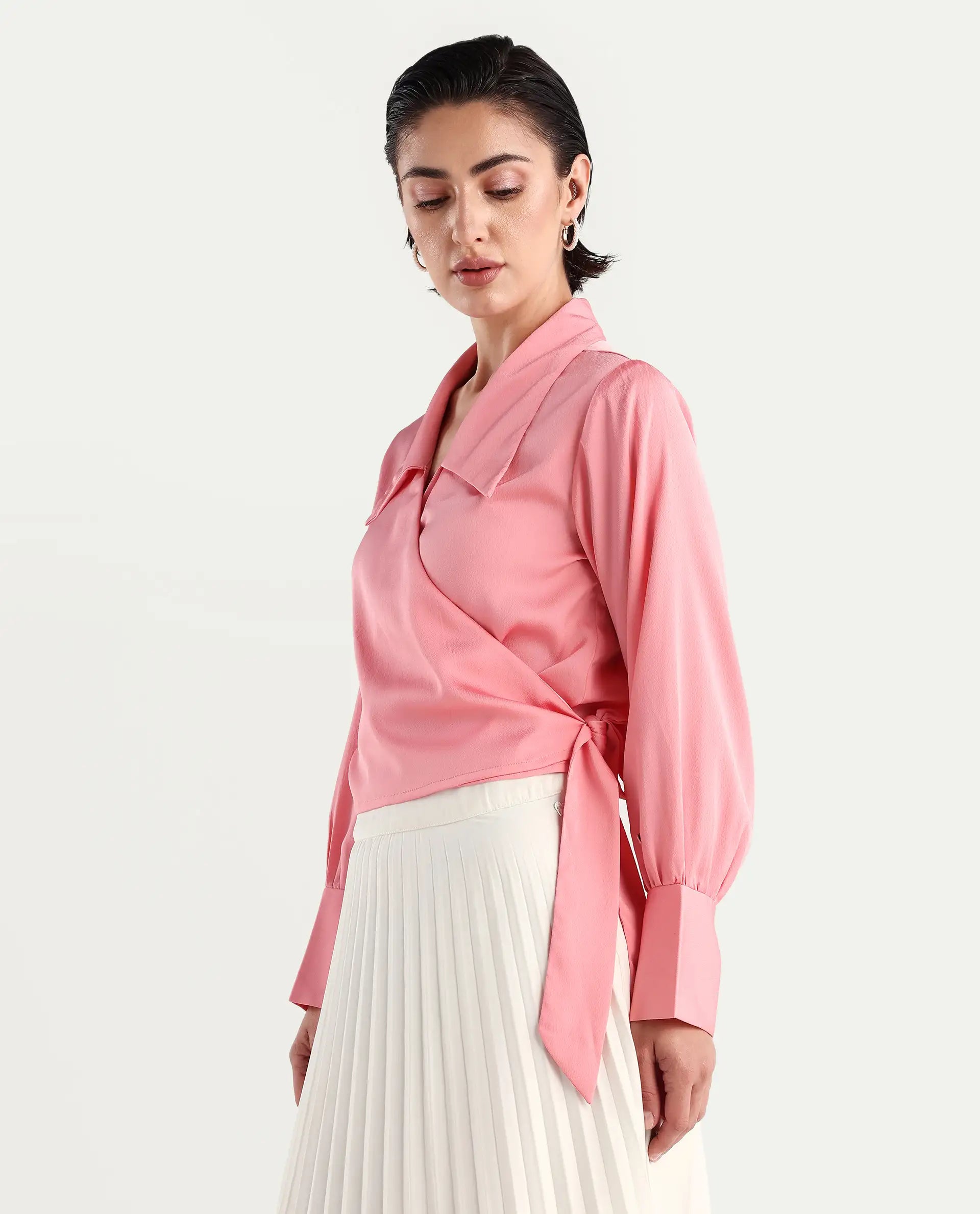 Rareism Women's Riola Pastel Pink Polyester Johnny Collar Plain Cuffed Sleeve Crop Regular Fit Top