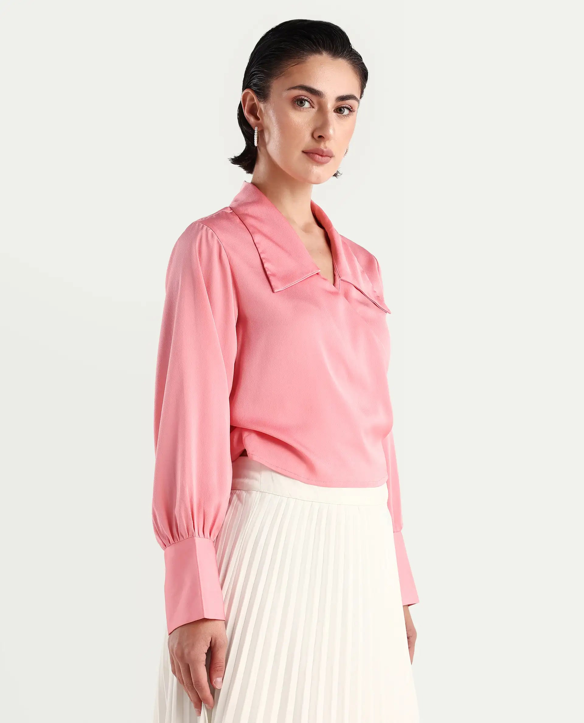 Rareism Women's Riola Pastel Pink Polyester Johnny Collar Plain Cuffed Sleeve Crop Regular Fit Top