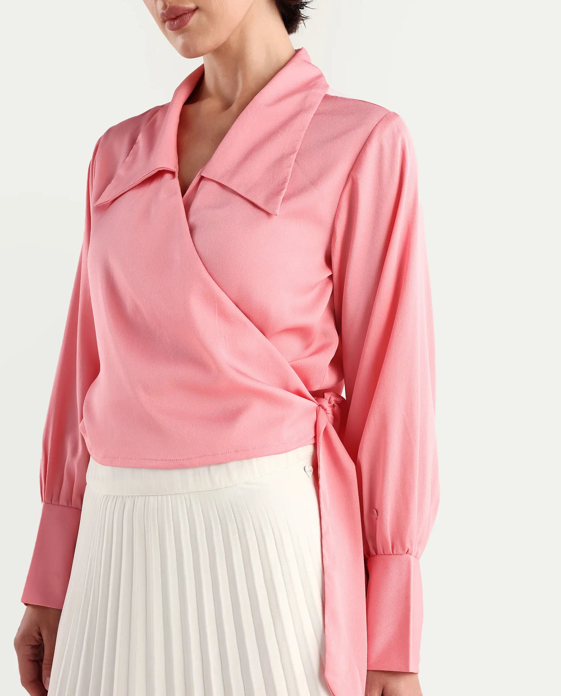 Rareism Women's Riola Pastel Pink Polyester Johnny Collar Plain Cuffed Sleeve Crop Regular Fit Top