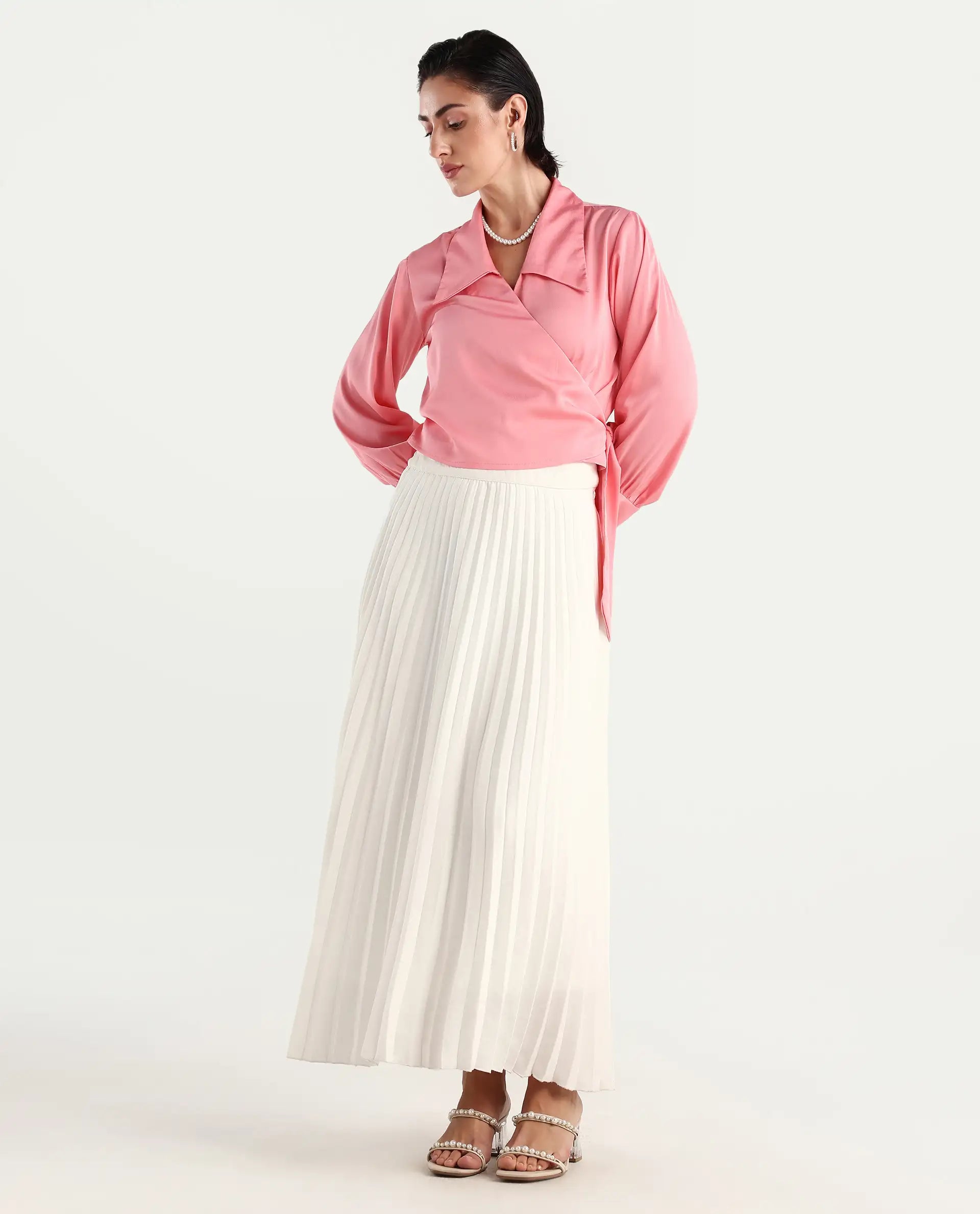 Rareism Women's Riola Pastel Pink Polyester Johnny Collar Plain Cuffed Sleeve Crop Regular Fit Top