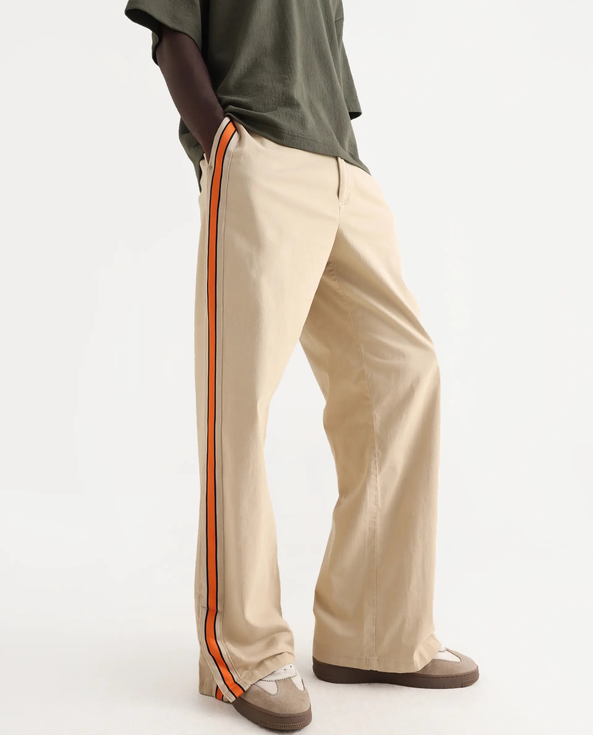 Rare Rabbit Men's Riol Beige Cotton Blend Plain Wide Leg Trouser