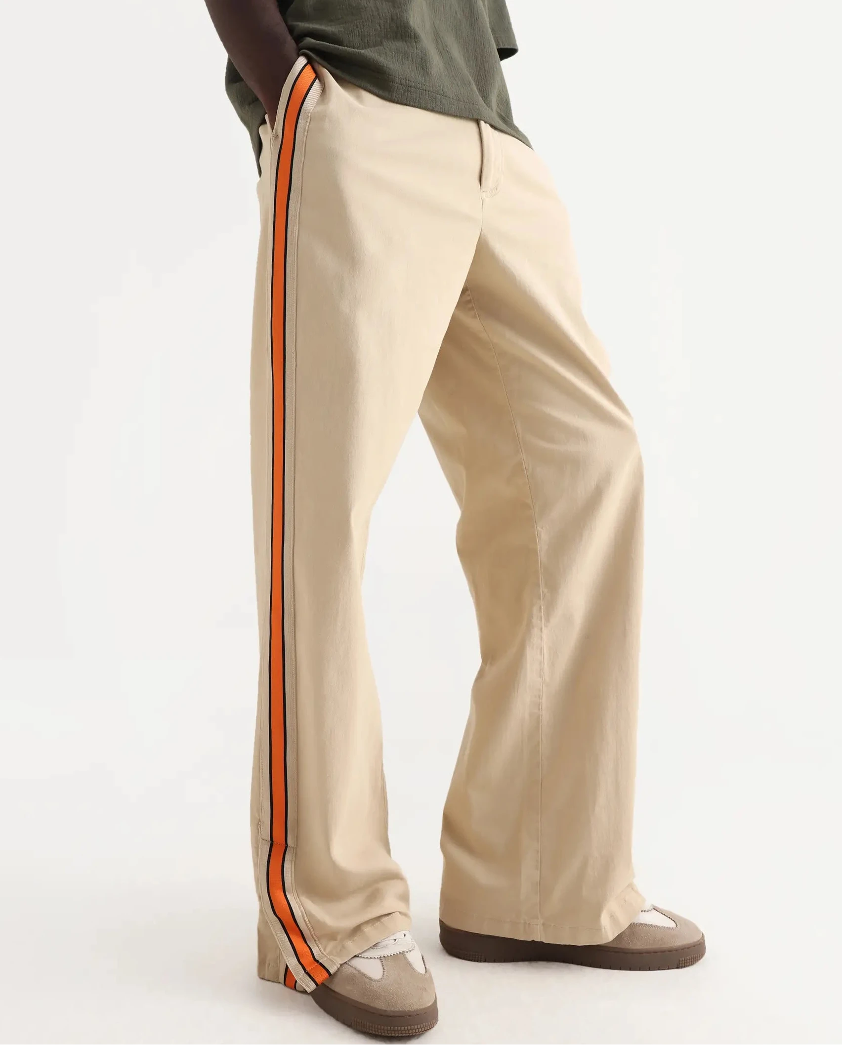 Rare Rabbit Men's Riol Beige Cotton Blend Plain Wide Leg Trouser