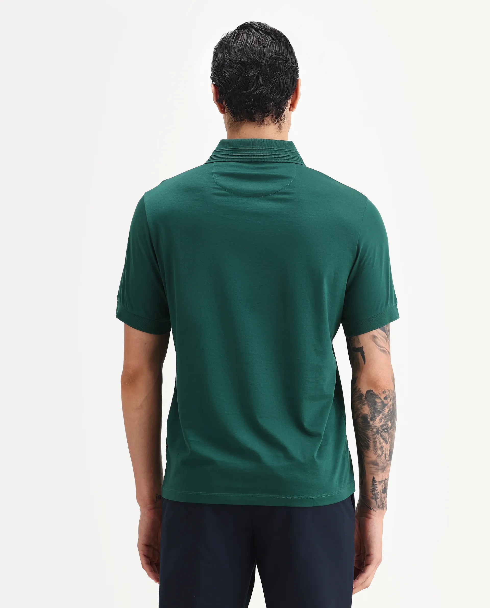 Rare Rabbit Men's Ripl Dark Green Cotton Plain Regular Fit Half Sleeve Polo
