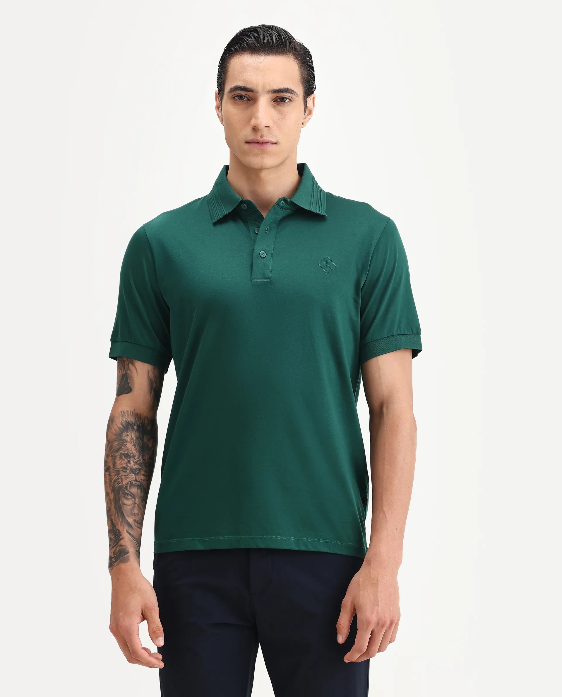 Rare Rabbit Men's Ripl Dark Green Cotton Plain Regular Fit Half Sleeve Polo