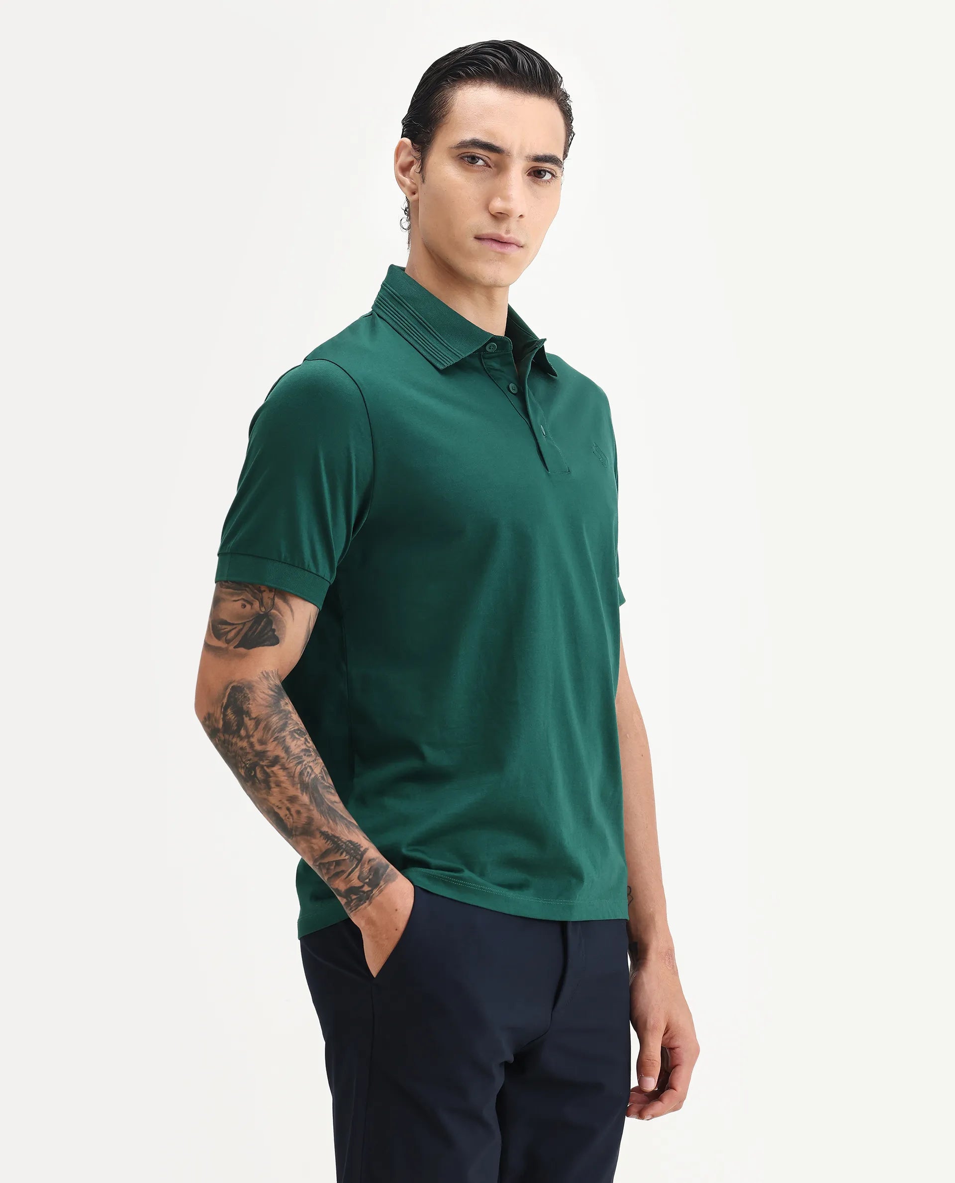 Rare Rabbit Men's Ripl Dark Green Cotton Plain Regular Fit Half Sleeve Polo