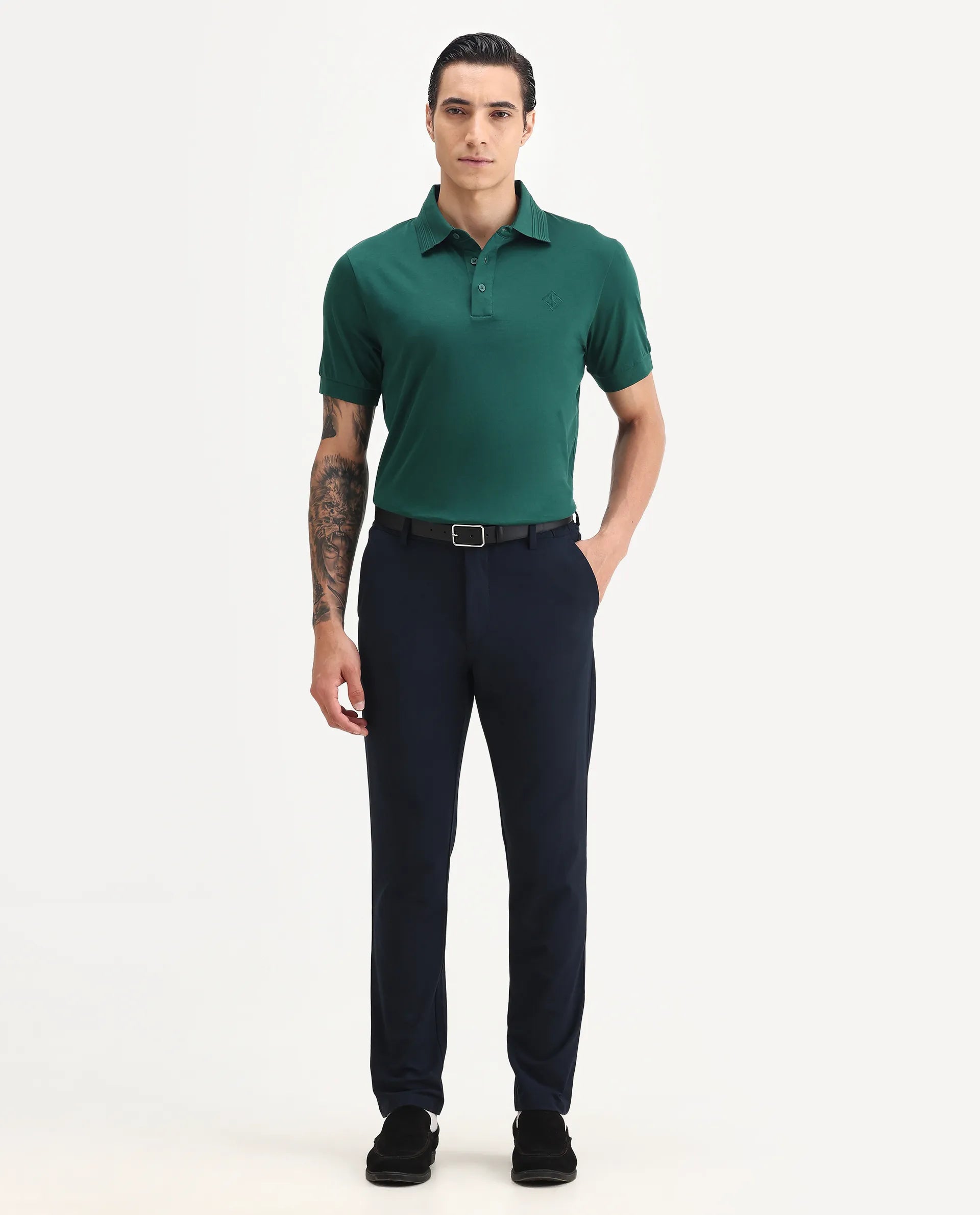 Rare Rabbit Men's Ripl Dark Green Cotton Plain Regular Fit Half Sleeve Polo