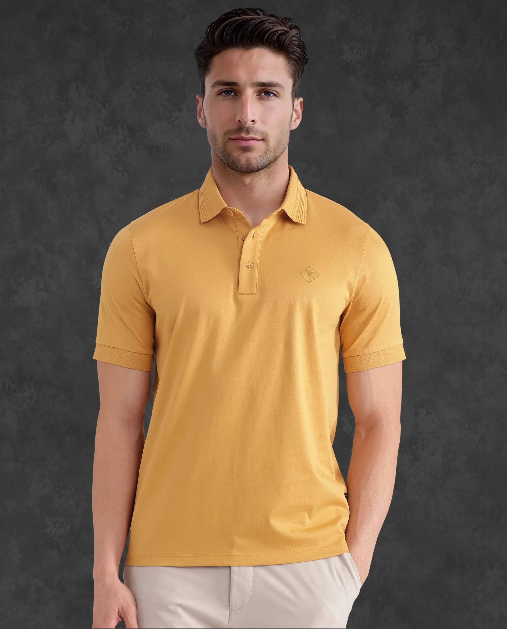 Rare Rabbit Men Ripl Mustard Cotton Fabric Short Sleeve Collared Neck Button Closure Plain Polo