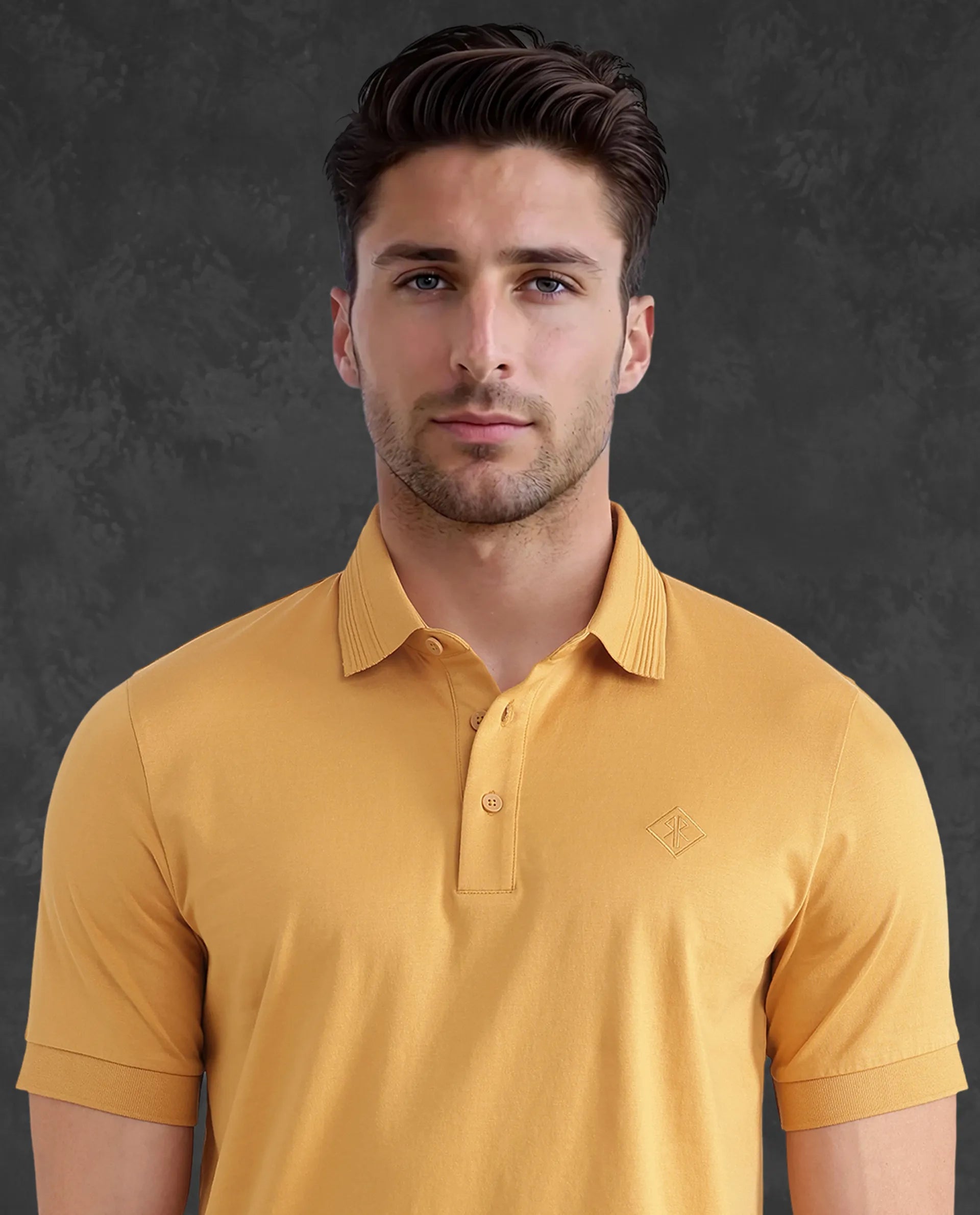 Rare Rabbit Men Ripl Mustard Cotton Fabric Short Sleeve Collared Neck Button Closure Plain Polo