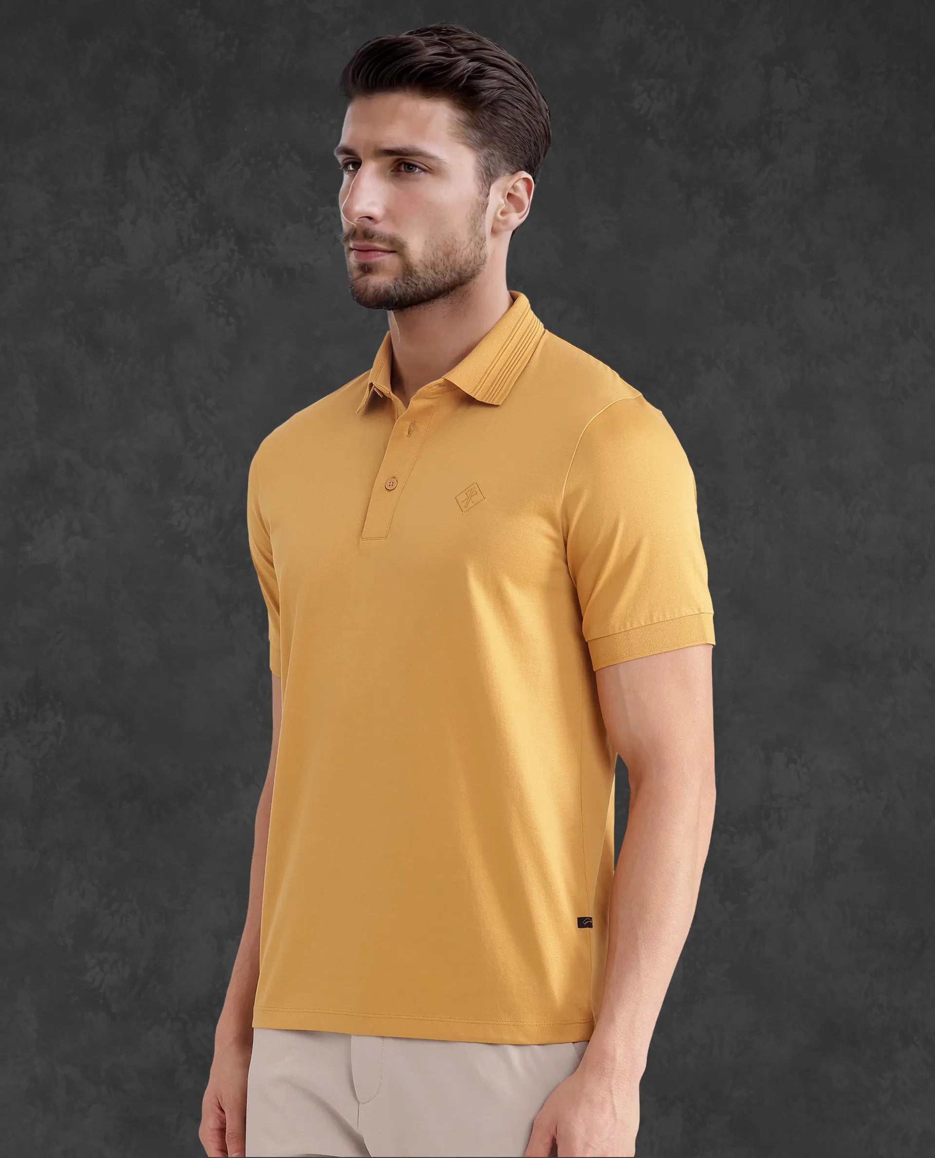 Rare Rabbit Men Ripl Mustard Cotton Fabric Short Sleeve Collared Neck Button Closure Plain Polo