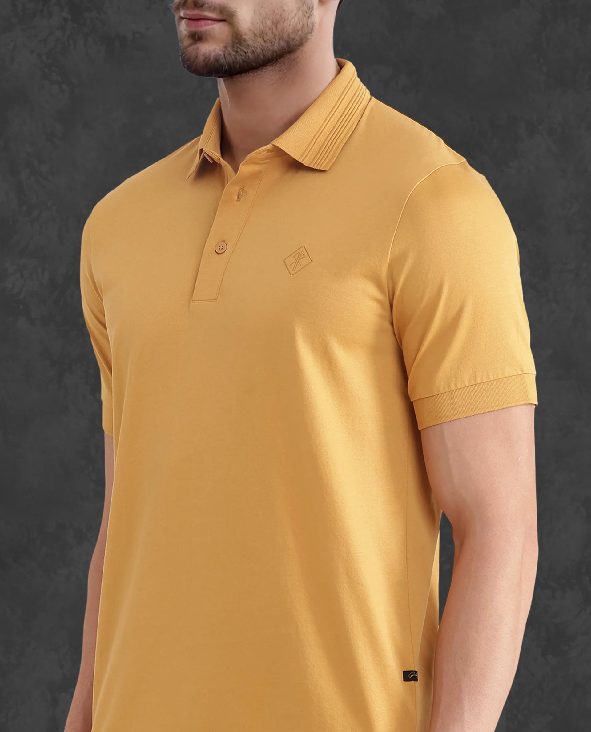 Rare Rabbit Men Ripl Mustard Cotton Fabric Short Sleeve Collared Neck Button Closure Plain Polo