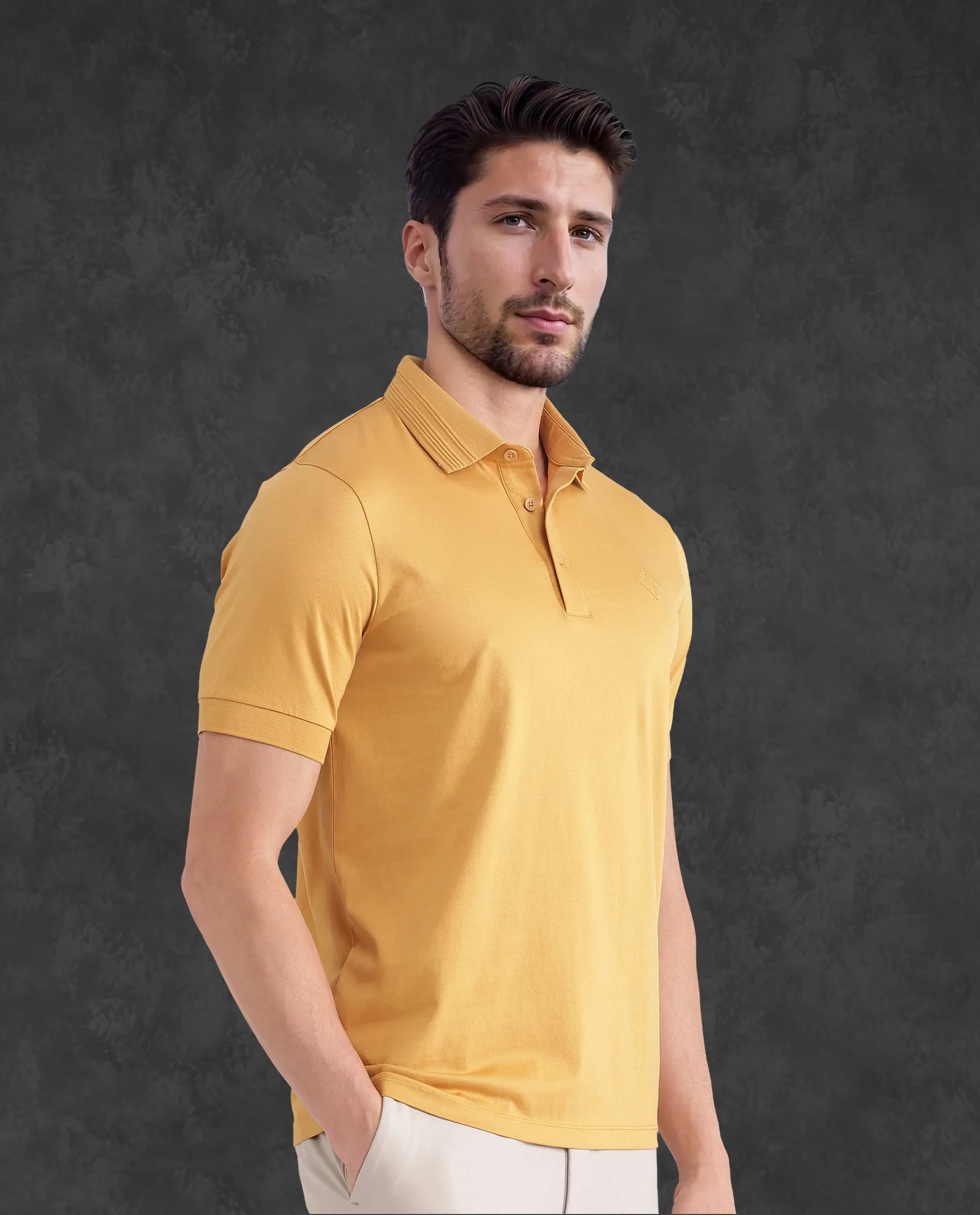 Rare Rabbit Men Ripl Mustard Cotton Fabric Short Sleeve Collared Neck Button Closure Plain Polo