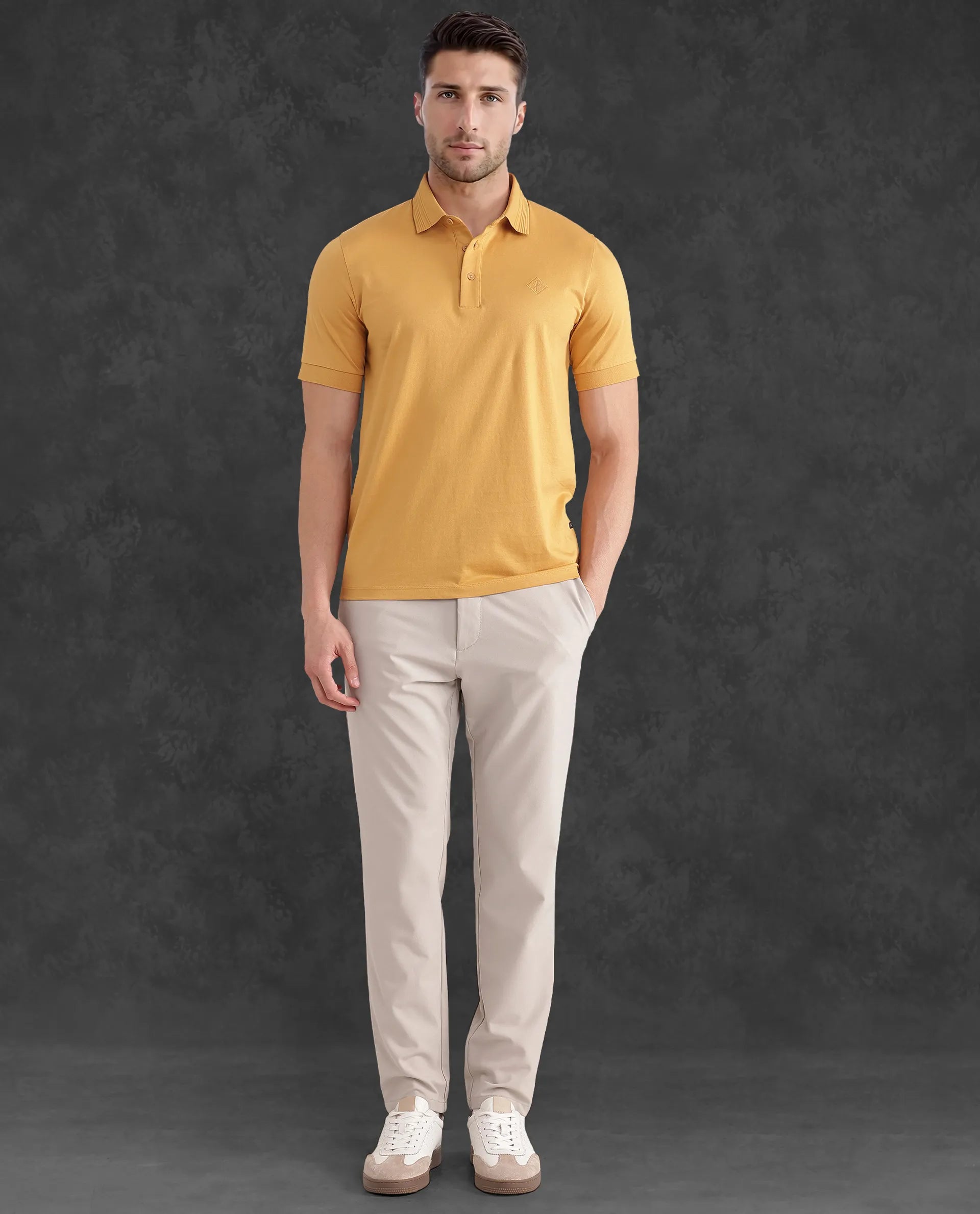 Rare Rabbit Men Ripl Mustard Cotton Fabric Short Sleeve Collared Neck Button Closure Plain Polo