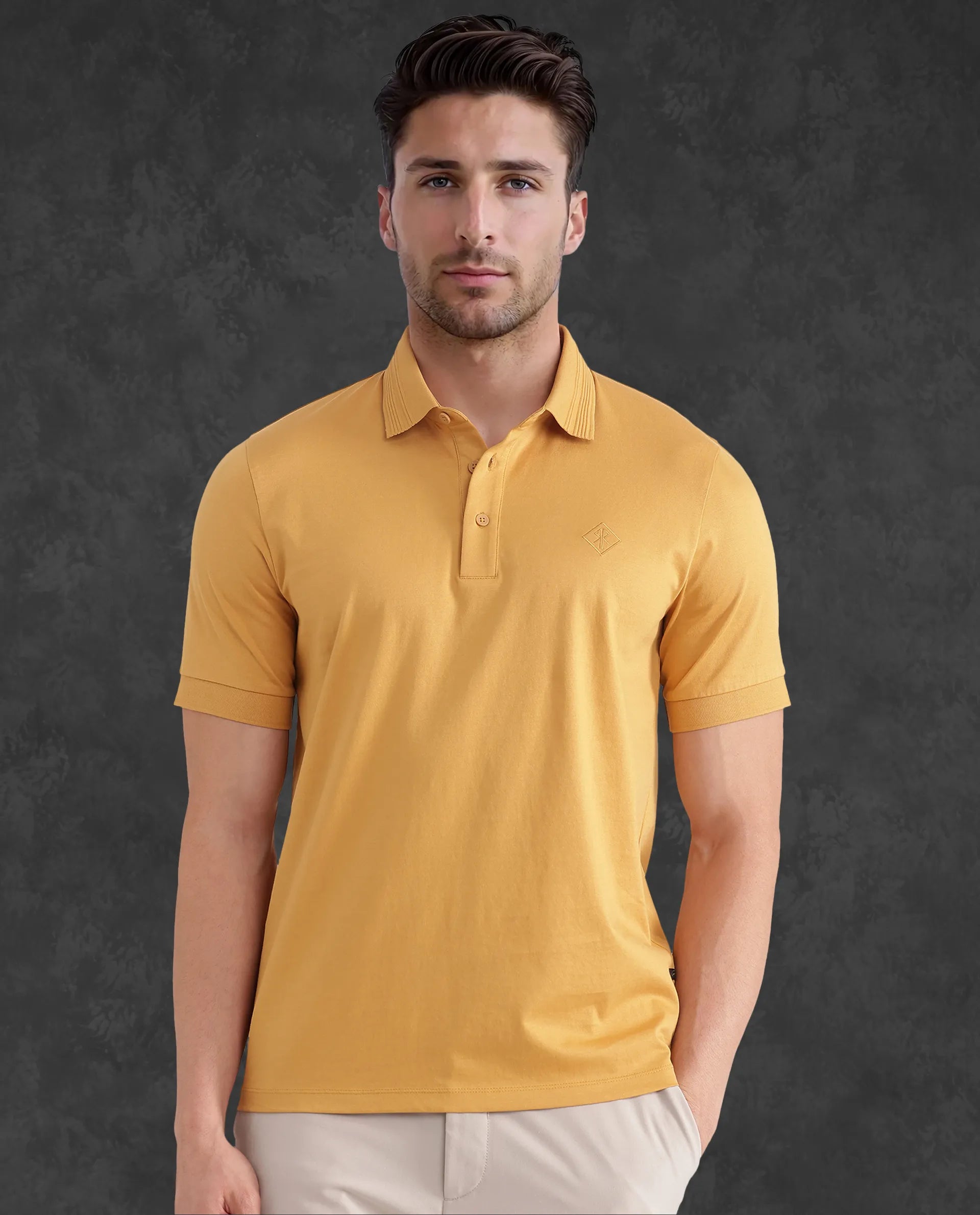 Rare Rabbit Men Ripl Mustard Cotton Fabric Short Sleeve Collared Neck Button Closure Plain Polo