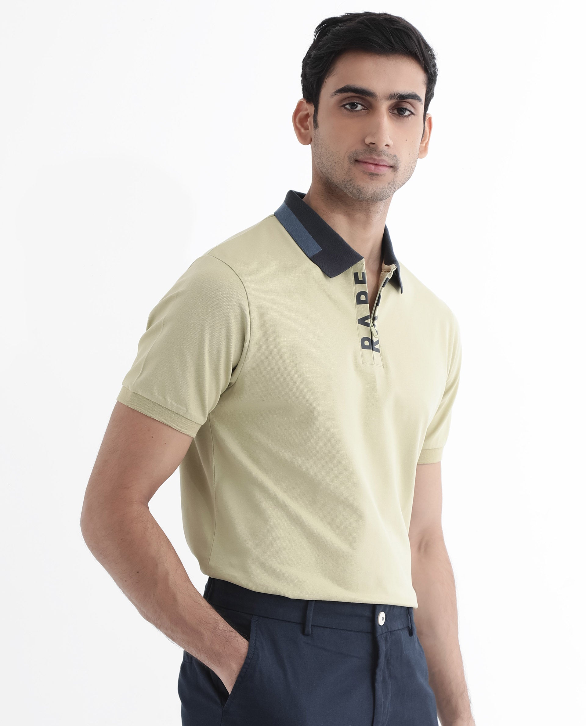 Rare Rabbit Men's Rique Dusky Green Cotton Fabric Short Sleeve Zipper Closure Plain Knitted Polo T-Shirt