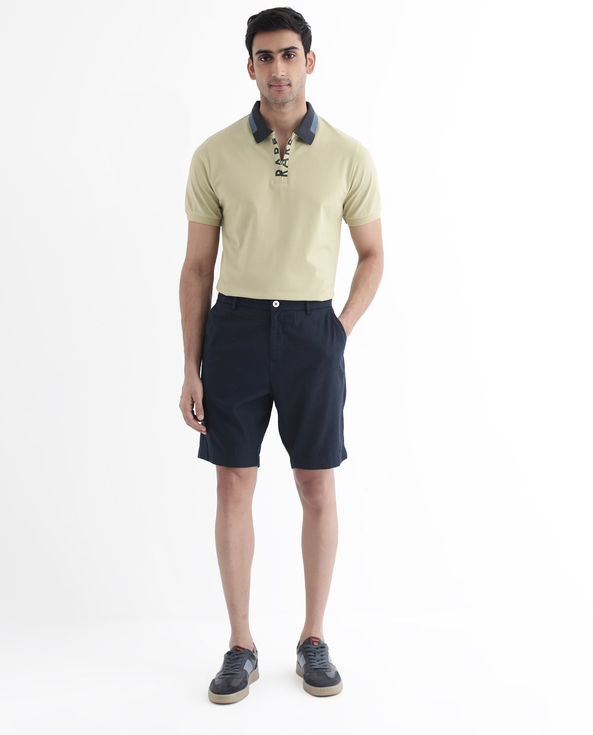 Rare Rabbit Men's Rique Dusky Green Cotton Fabric Short Sleeve Zipper Closure Plain Knitted Polo T-Shirt