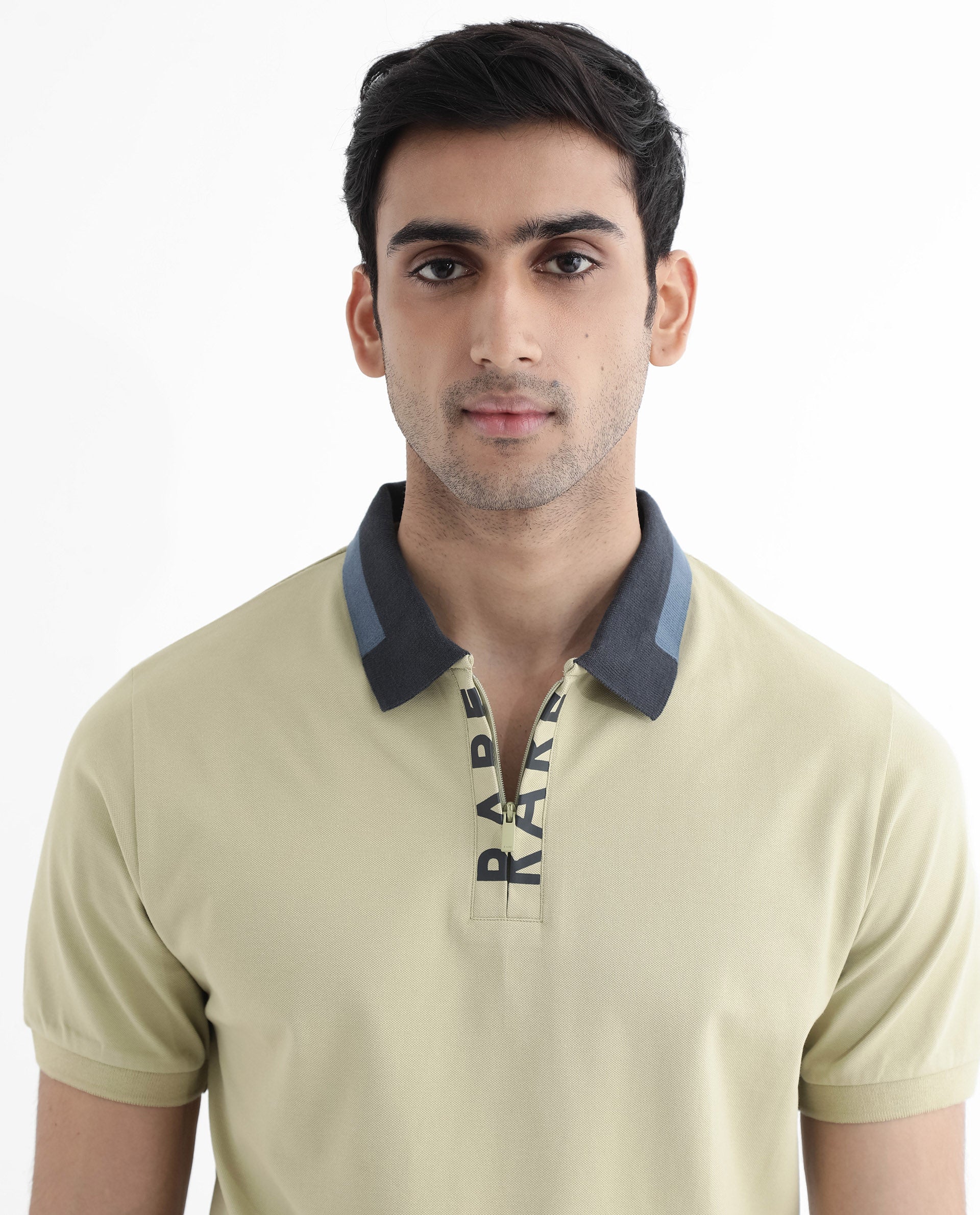 Rare Rabbit Men's Rique Dusky Green Cotton Fabric Short Sleeve Zipper Closure Plain Knitted Polo T-Shirt