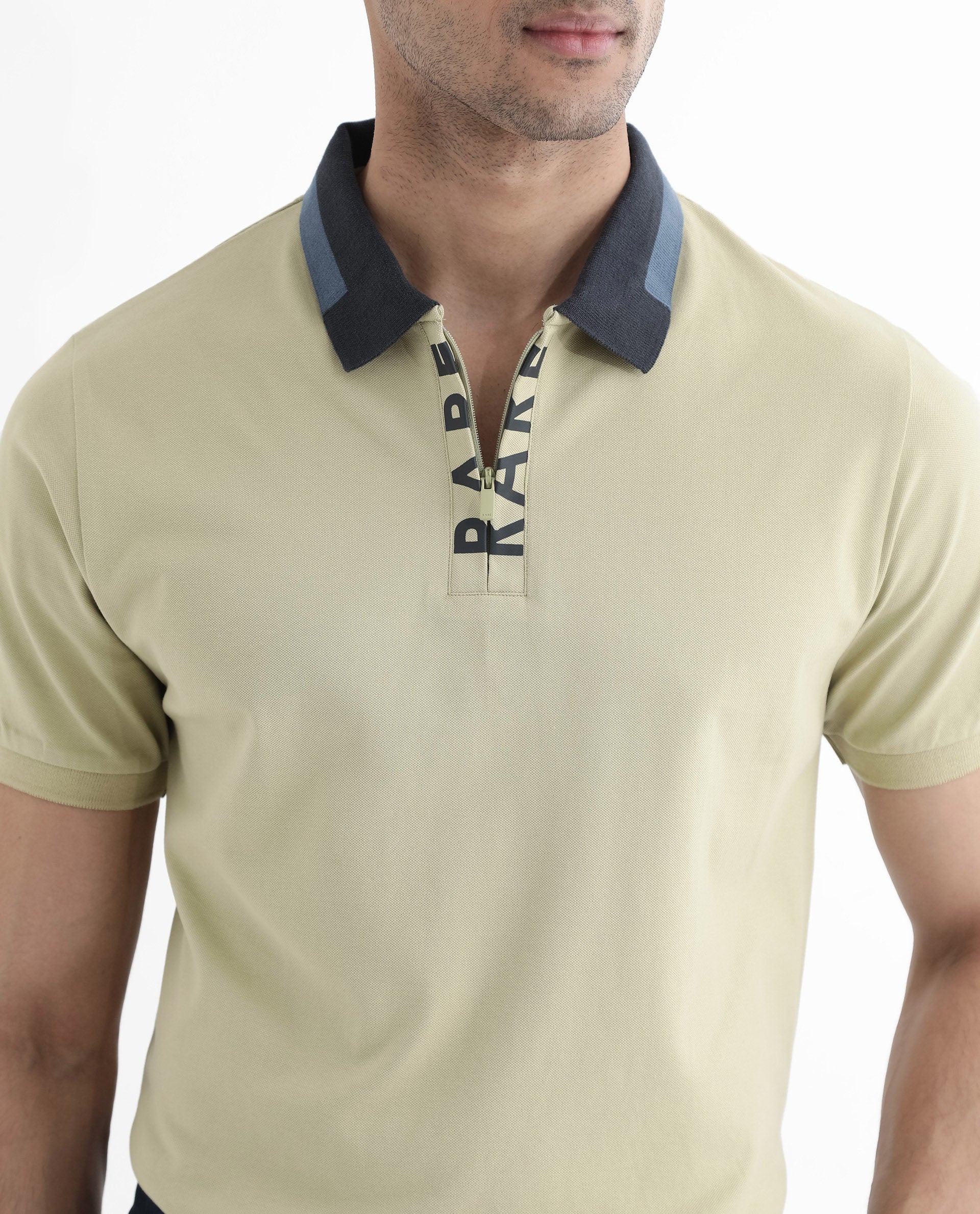 Rare Rabbit Men's Rique Dusky Green Cotton Fabric Short Sleeve Zipper Closure Plain Knitted Polo T-Shirt