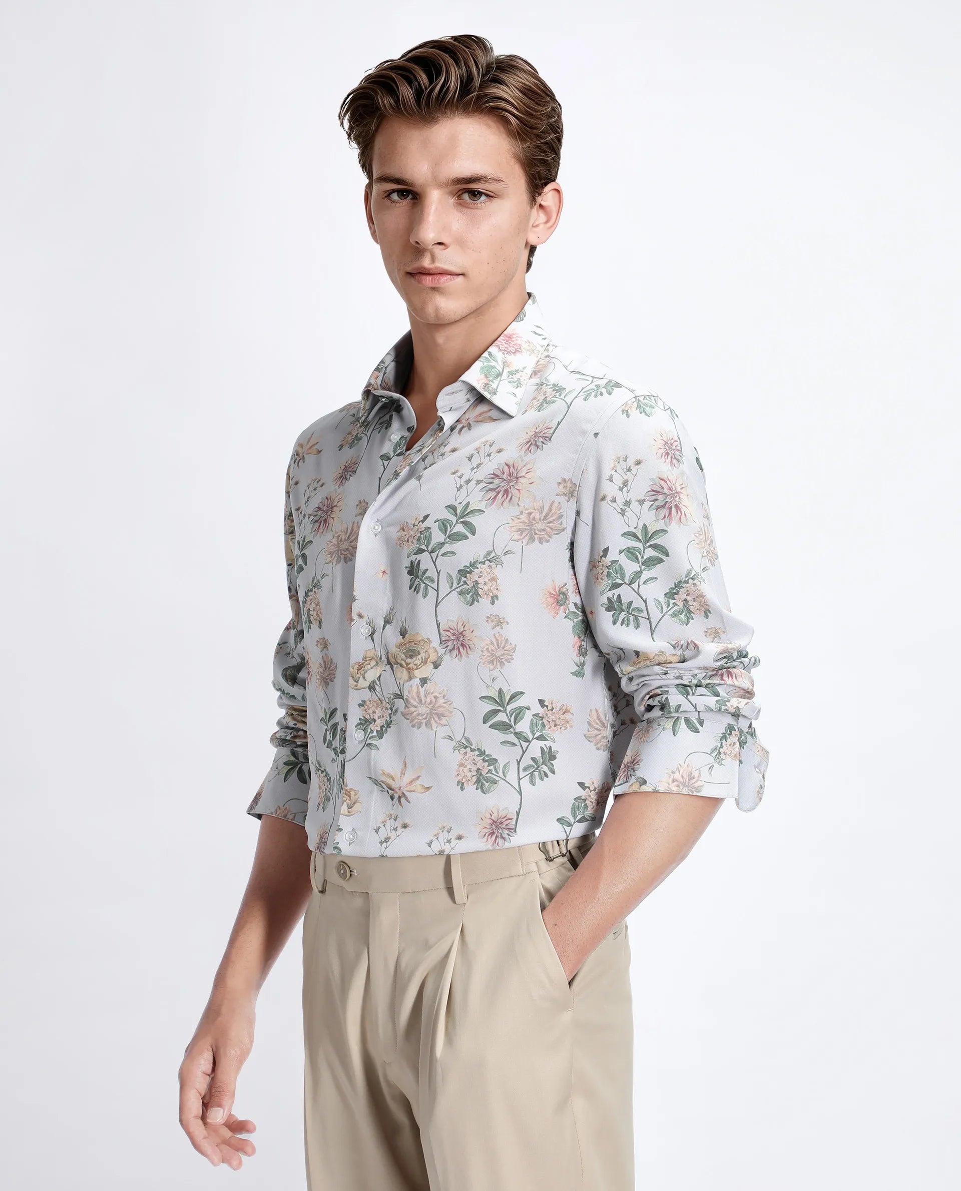 Rare Rabbit Men's Risa Light Grey Viscose Blend Floral Print Regular Fit Full Sleeve Collared Shirt