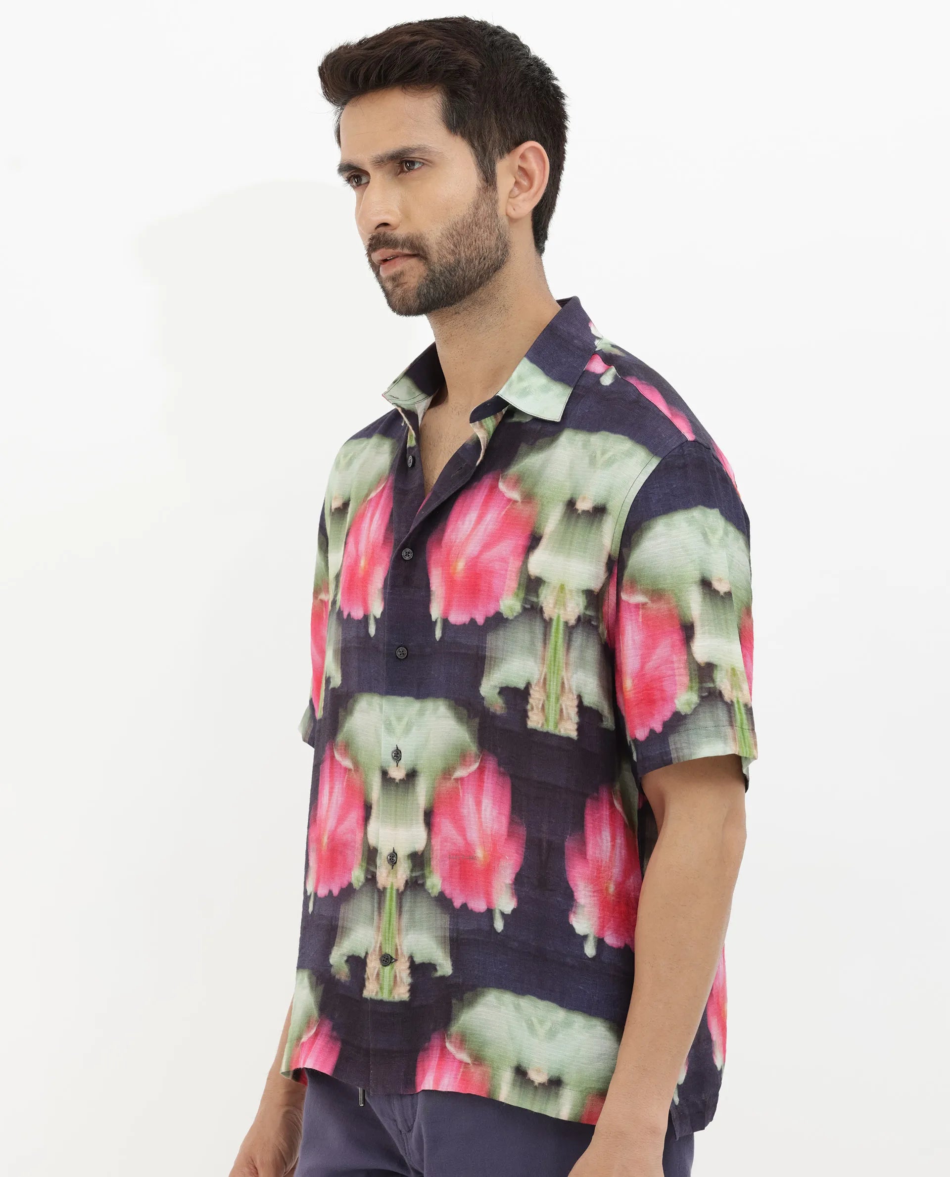 Rare Rabbit Men's Risca Purple Viscose Fabric Half Sleeves Boxy Fit Abstract Floral Print Shirt