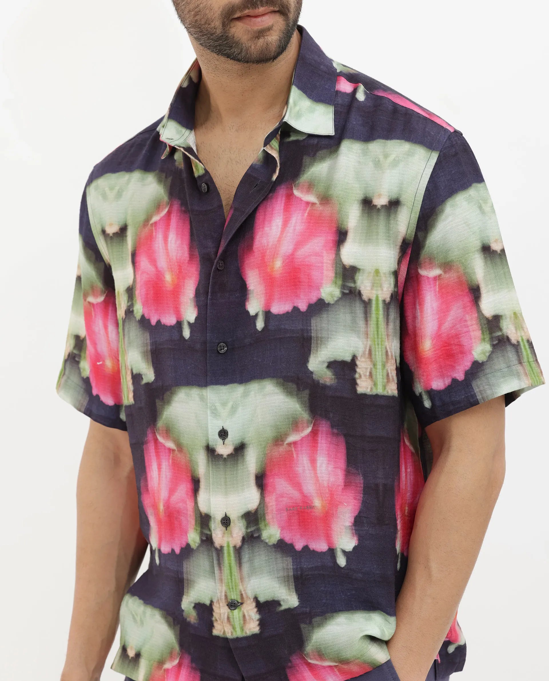 Rare Rabbit Men's Risca Purple Viscose Fabric Half Sleeves Boxy Fit Abstract Floral Print Shirt