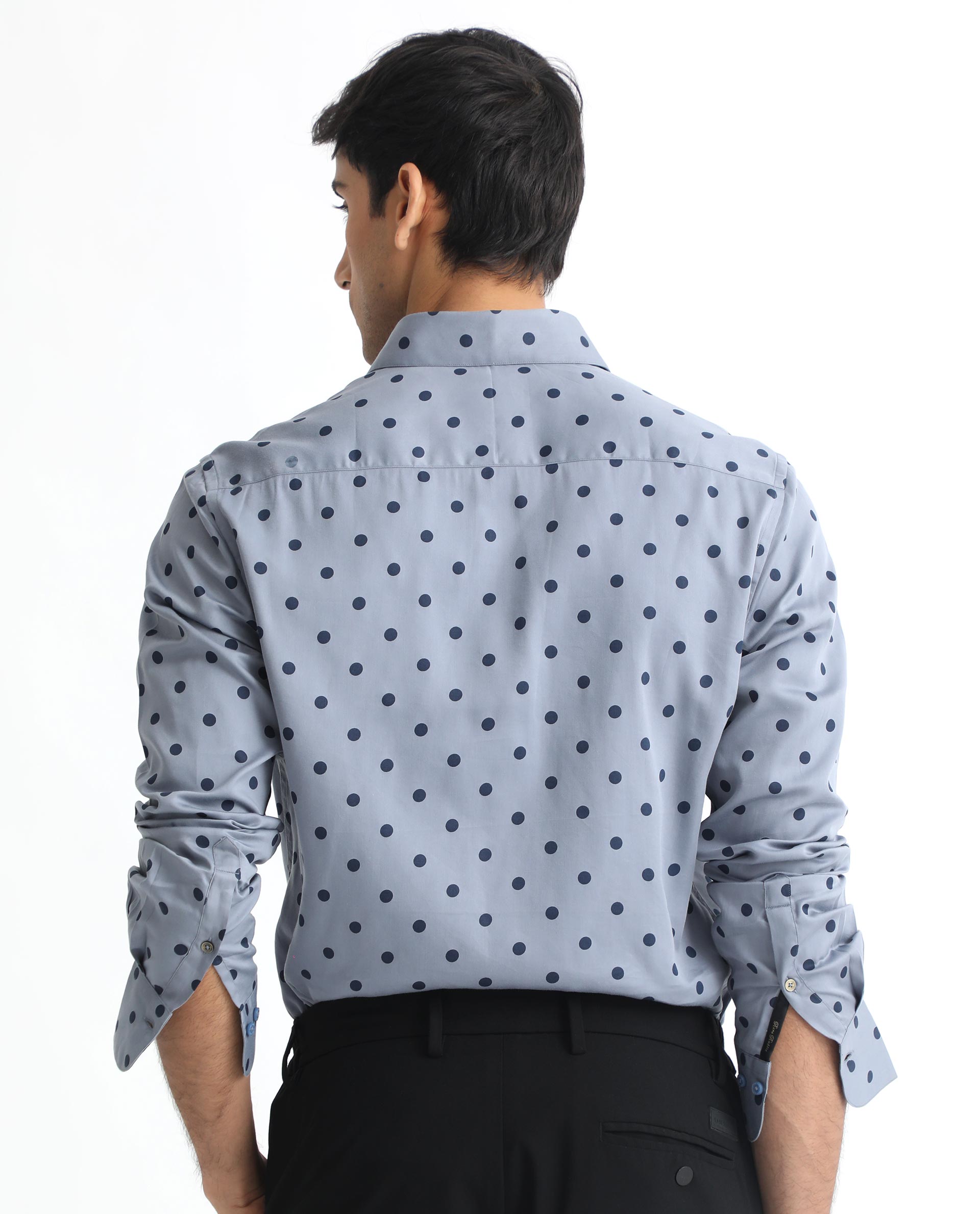 Rare Rabbit Men's Rish Blue Cotton Modal Fabric Polka Print Full Sleeves Shirt