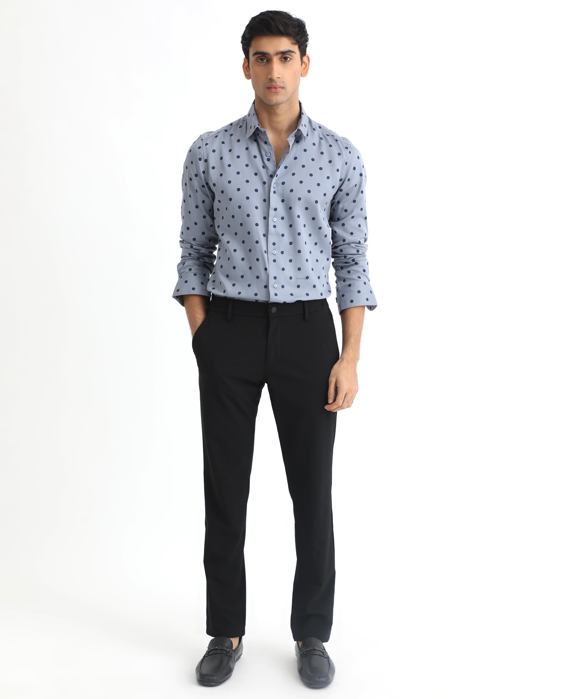 Rare Rabbit Men's Rish Blue Cotton Modal Fabric Polka Print Full Sleeves Shirt