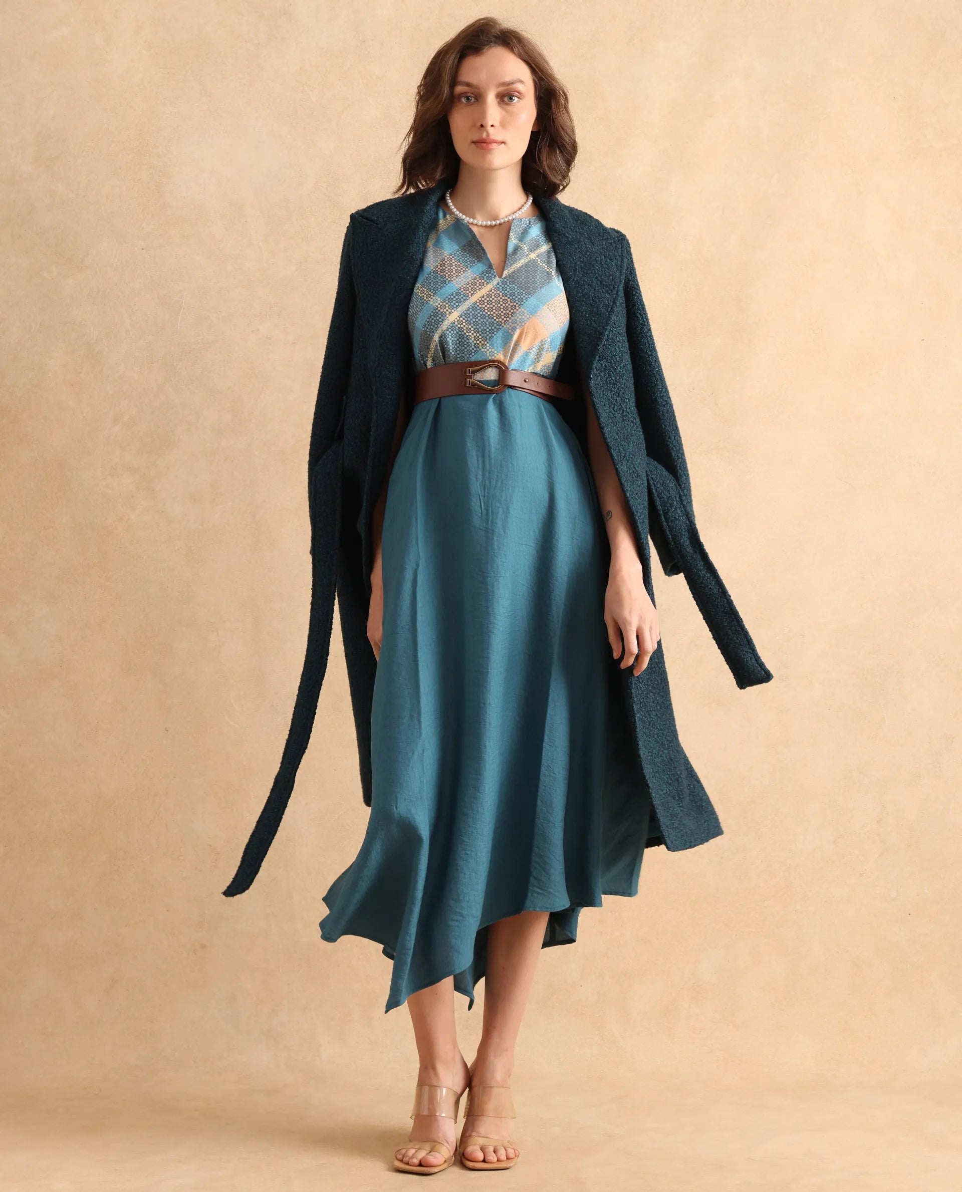 Rareism Women Riskal Blue Sleeveless Round Neck Fit And Flare Maxi Flannel Print Dress