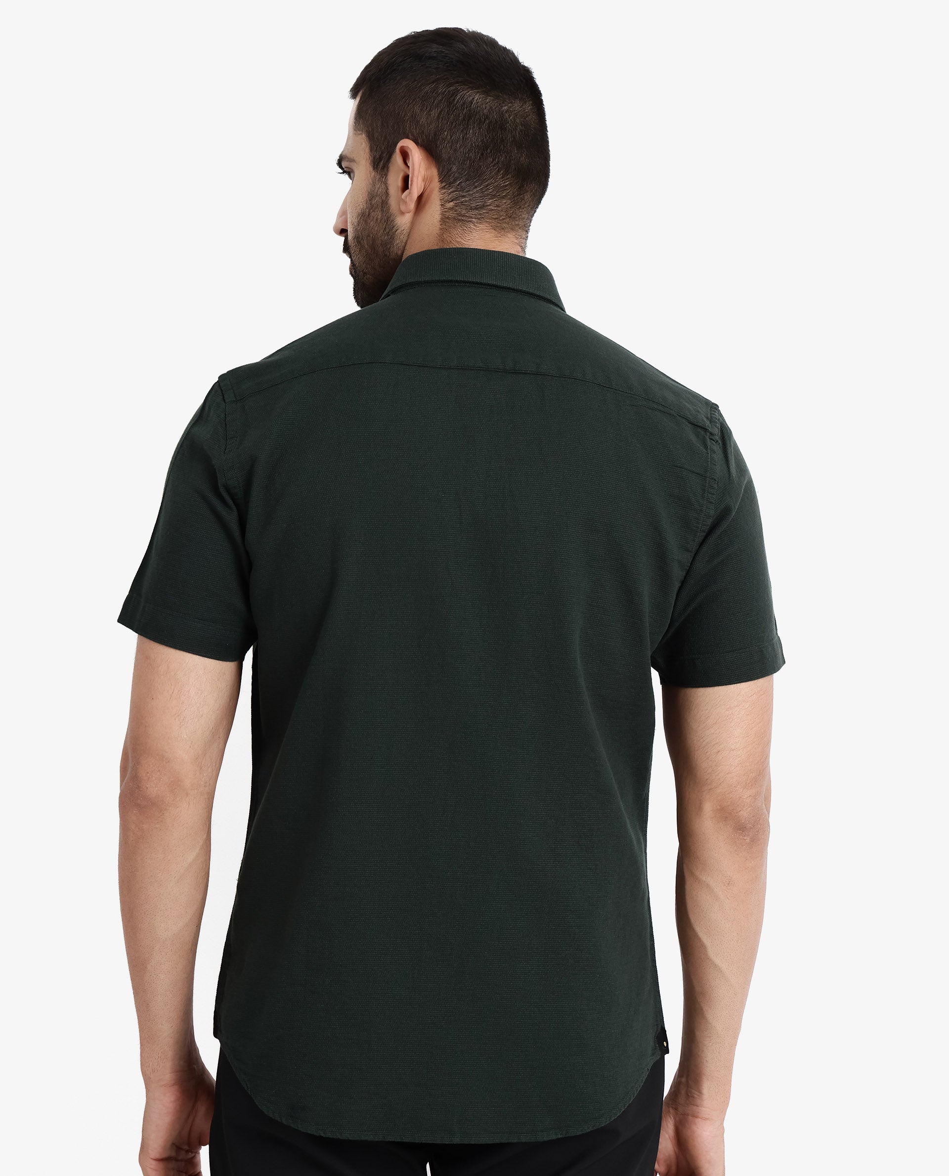 Rare Rabbit Men's Rissa Dark Green Cotton Fabric Half Sleeves Solid Dobby Shirt