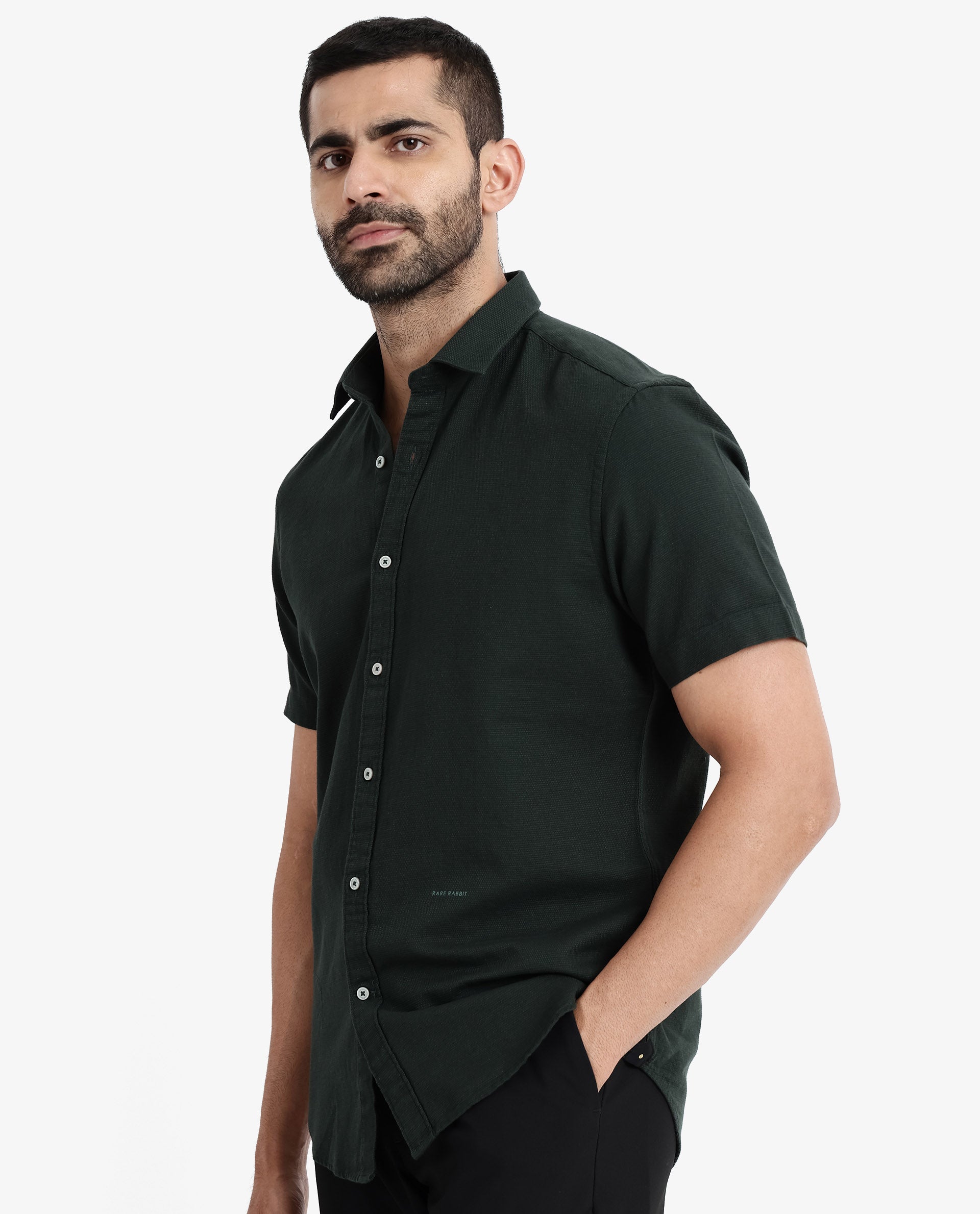 Rare Rabbit Men's Rissa Dark Green Cotton Fabric Half Sleeves Solid Dobby Shirt