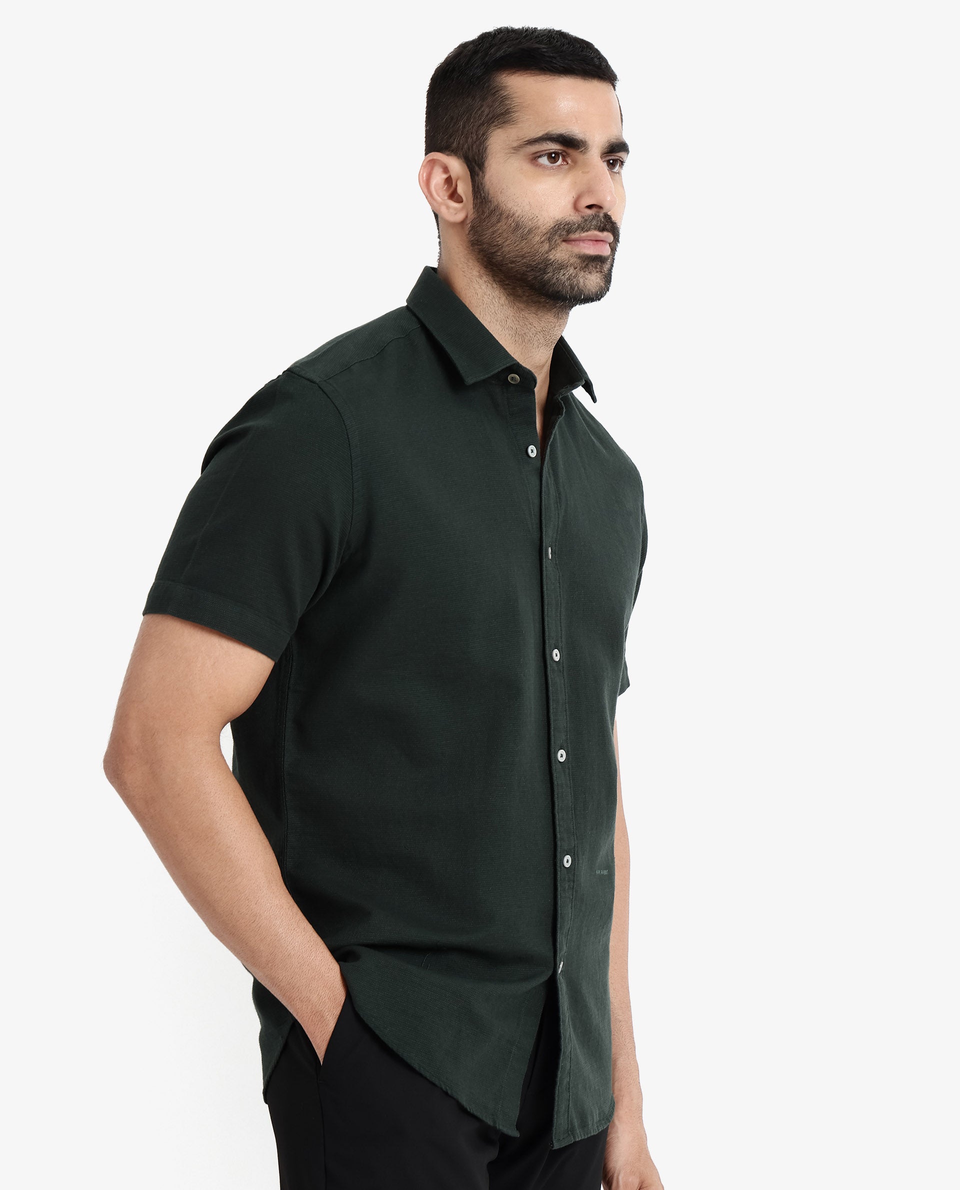 Rare Rabbit Men's Rissa Dark Green Cotton Fabric Half Sleeves Solid Dobby Shirt