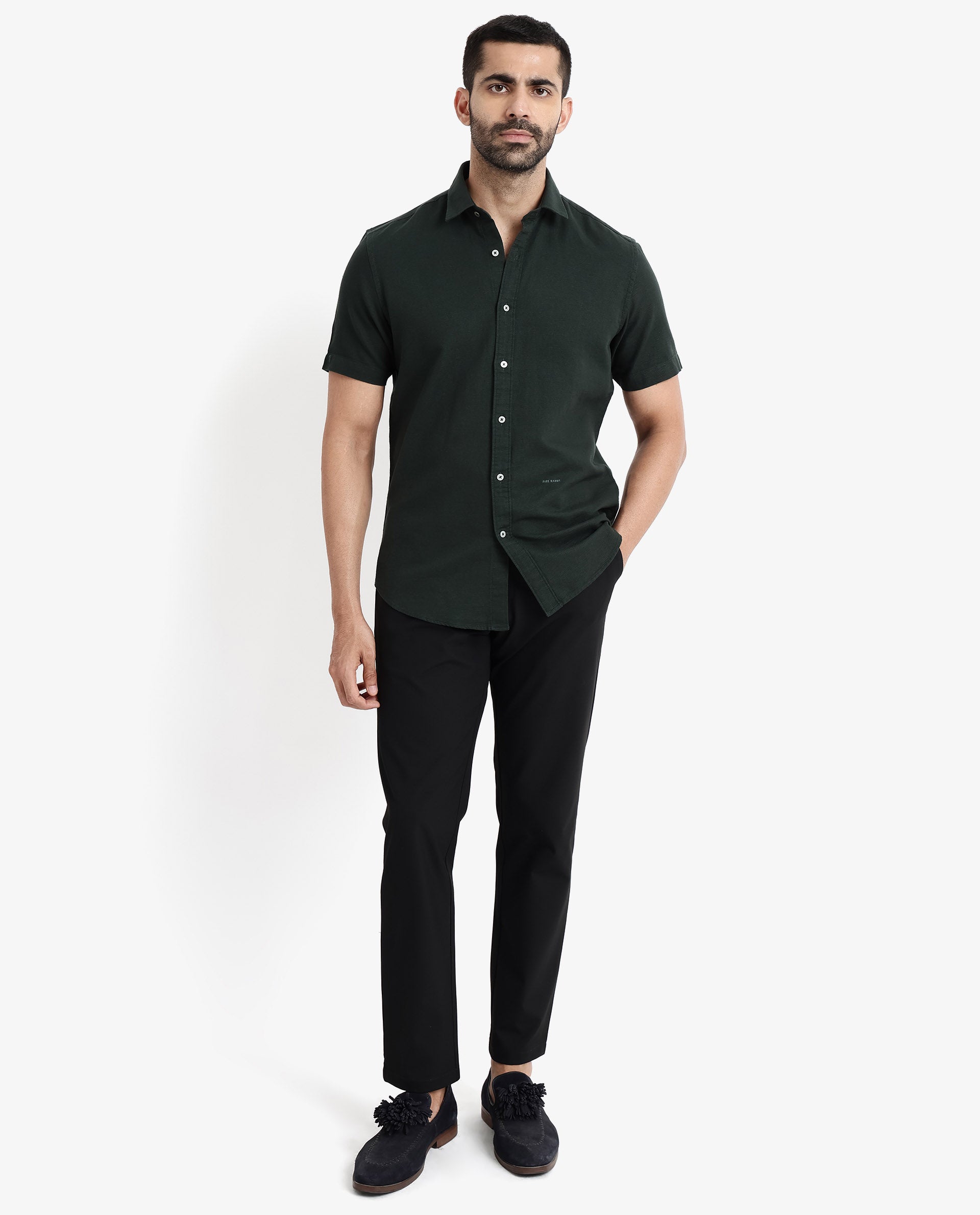 Rare Rabbit Men's Rissa Dark Green Cotton Fabric Half Sleeves Solid Dobby Shirt