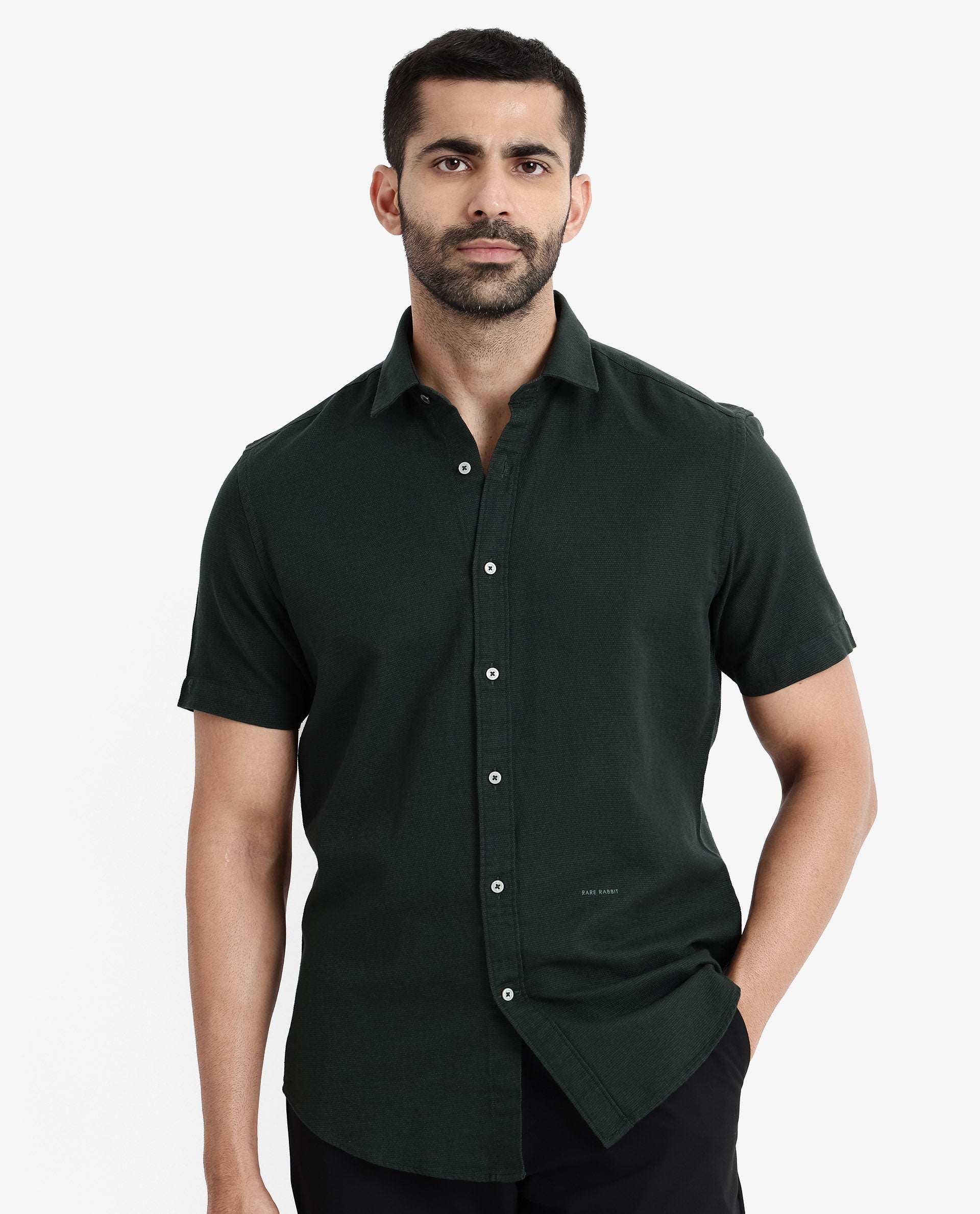 Rare Rabbit Men's Rissa Dark Green Cotton Fabric Half Sleeves Solid Dobby Shirt