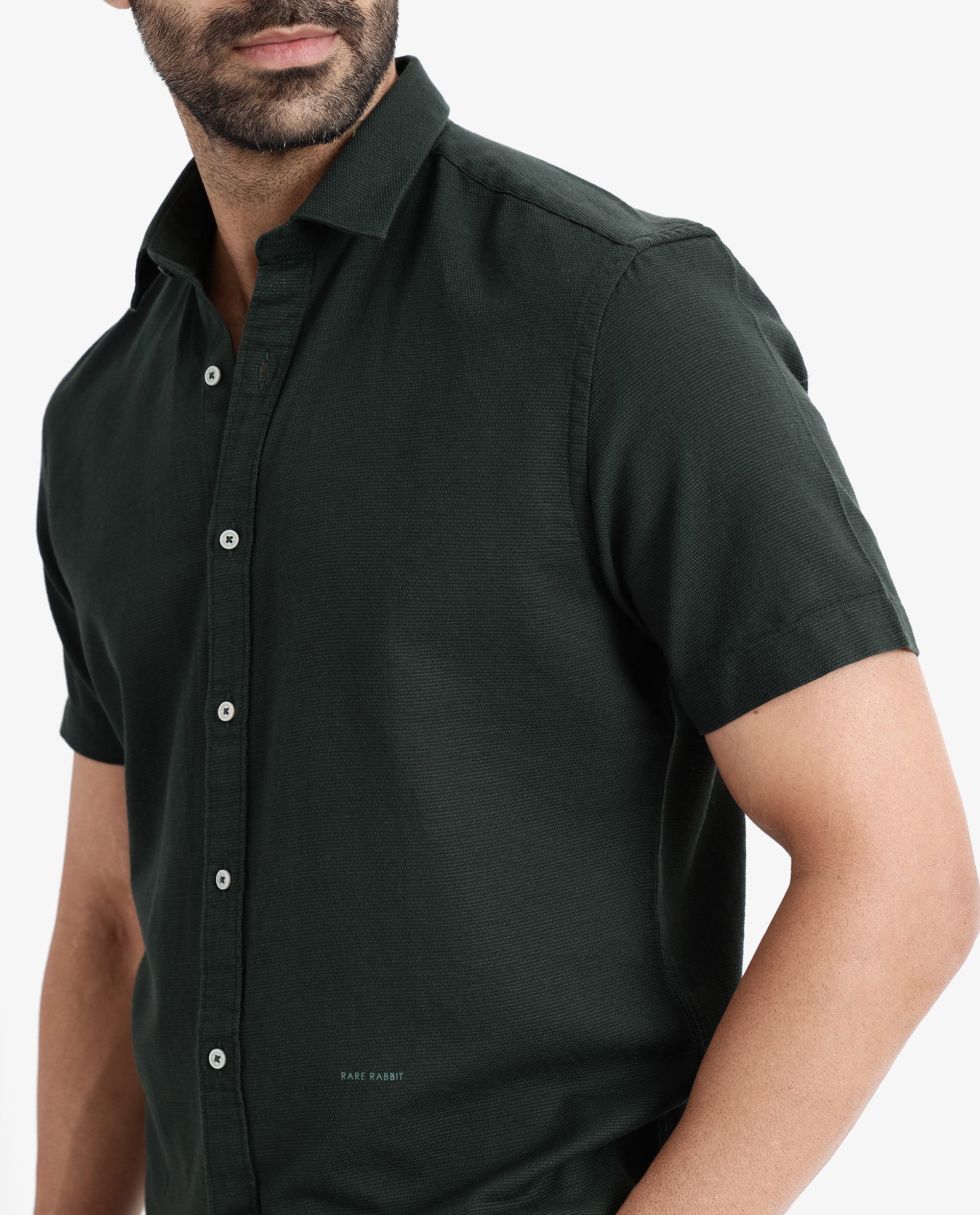 Rare Rabbit Men's Rissa Dark Green Cotton Fabric Half Sleeves Solid Dobby Shirt