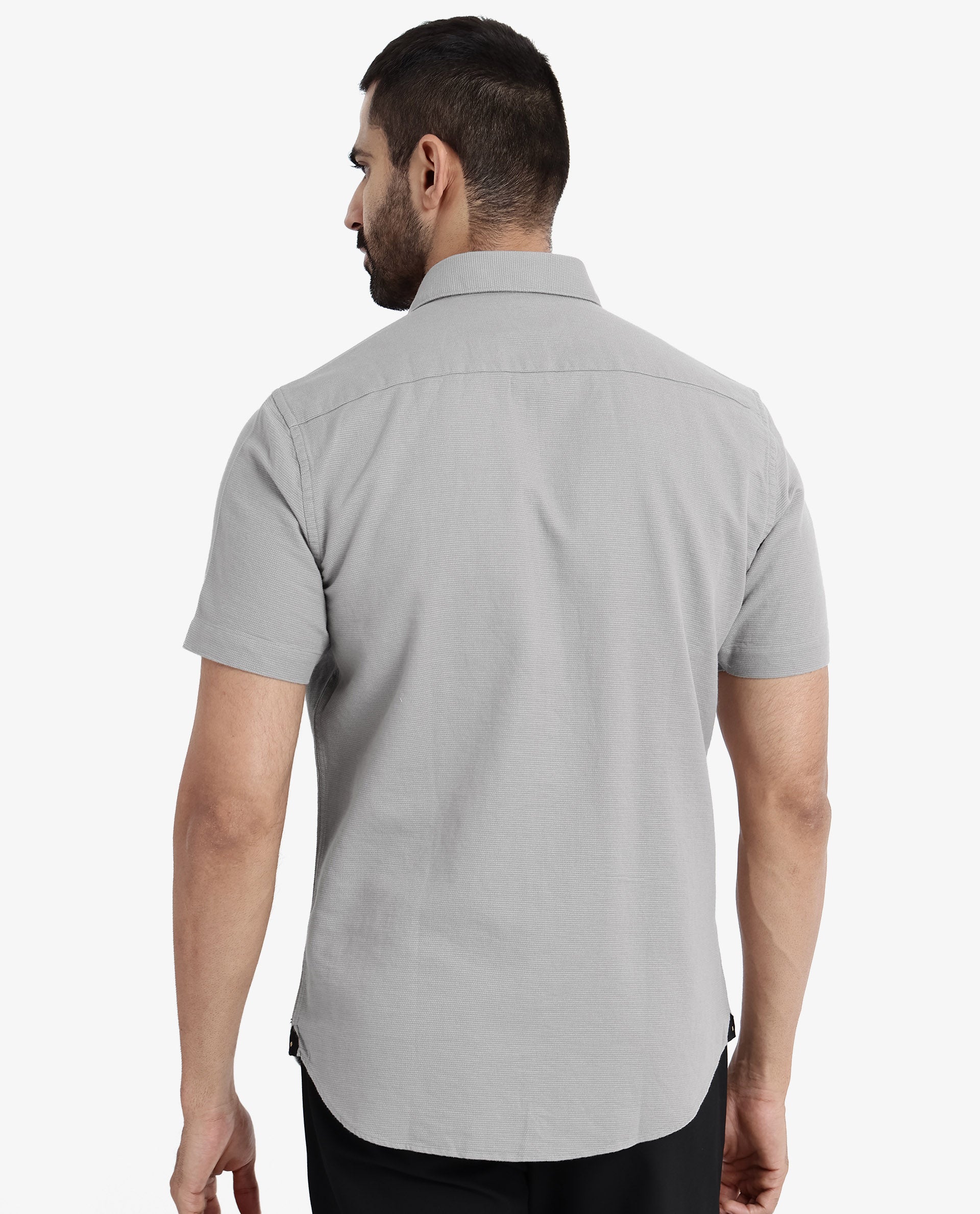 Rare Rabbit Men's Rissa Grey Cotton Fabric Half Sleeves Solid Dobby Shirt