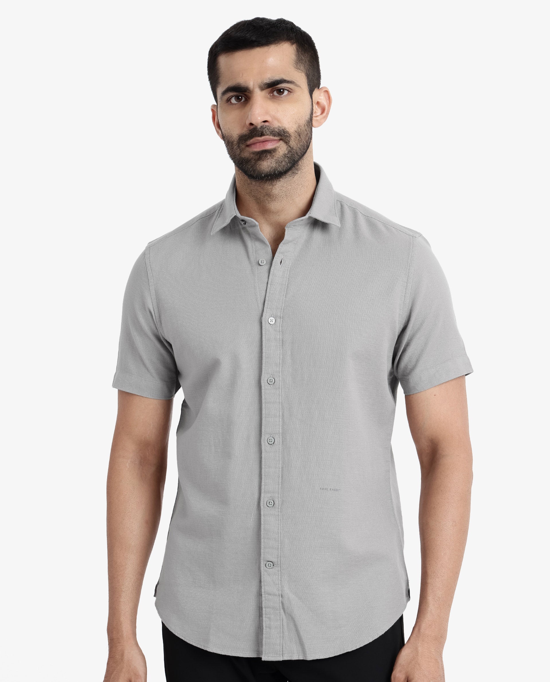 Rare Rabbit Men's Rissa Grey Cotton Fabric Half Sleeves Solid Dobby Shirt