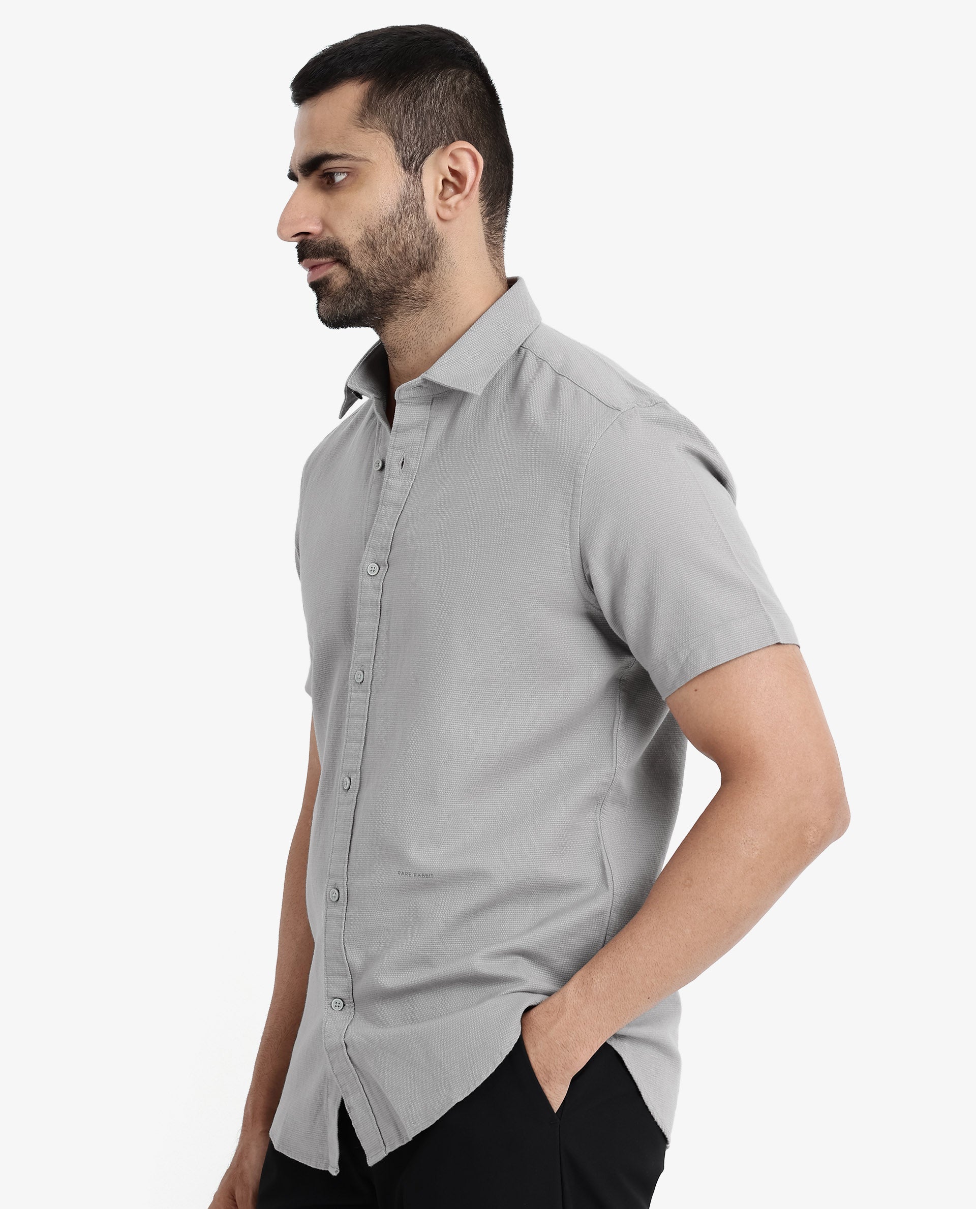 Rare Rabbit Men's Rissa Grey Cotton Fabric Half Sleeves Solid Dobby Shirt