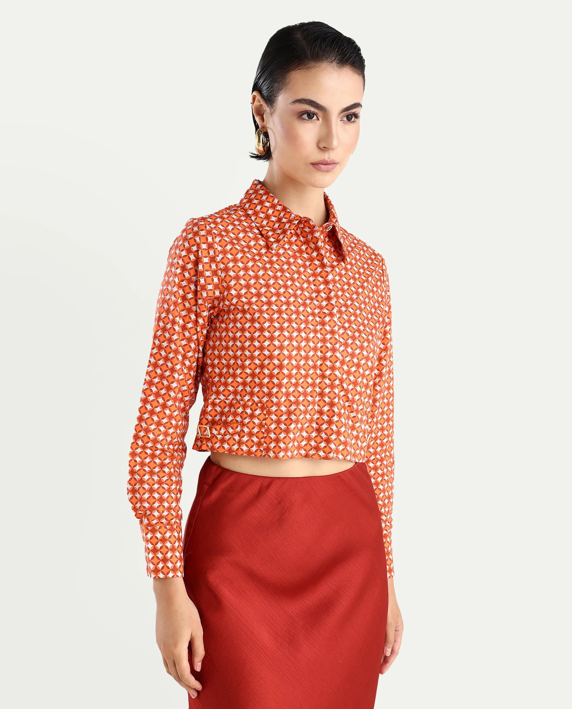 Rareism Women's Rister Multi Cotton Spread Collar Geometric Print Cuffed Sleeve Crop Regular Fit Top